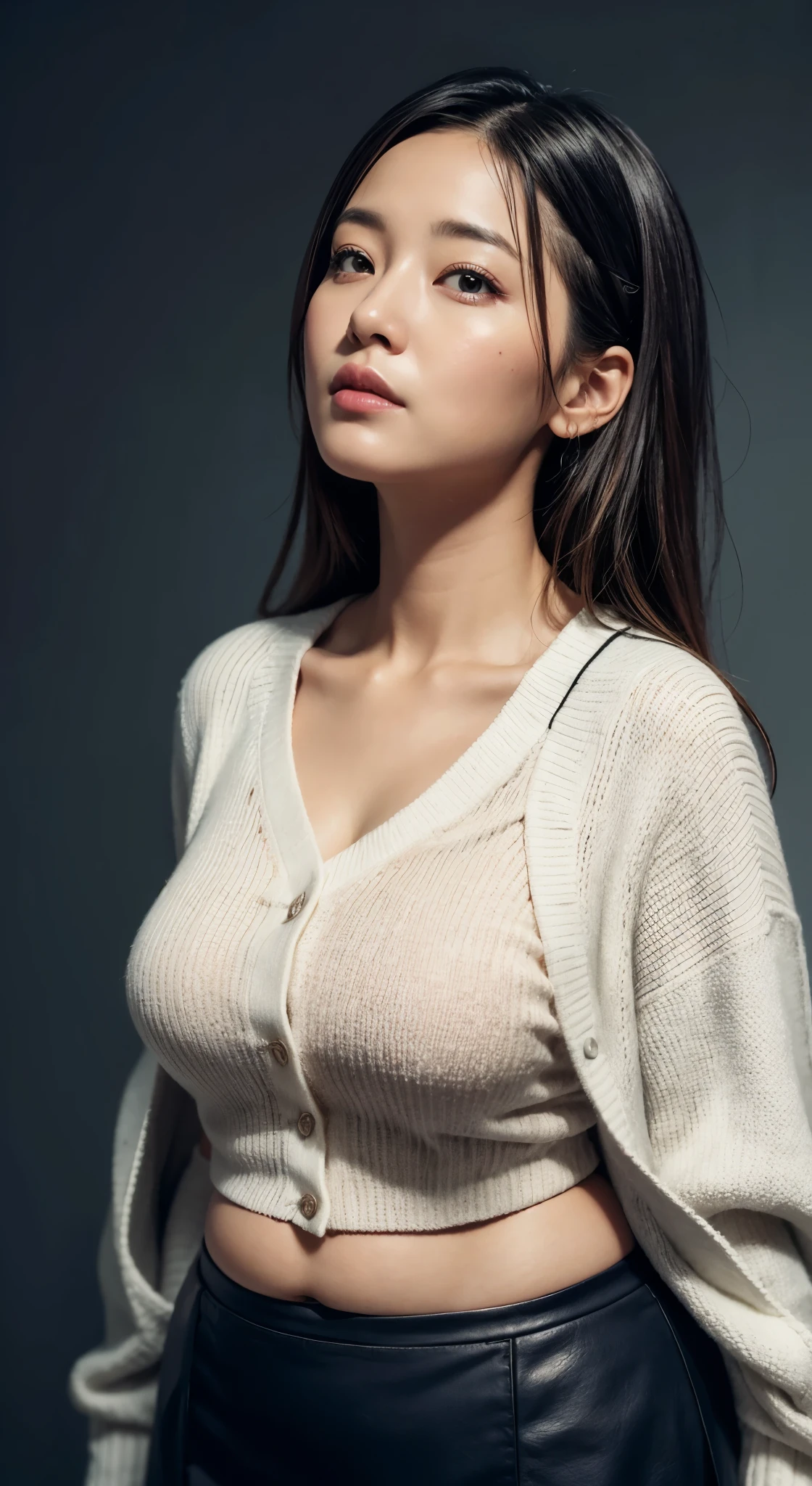 Realistic style,一位female doctor站,look into camera,female doctor,30 years old,plump figure,big,Wearing a white cardigan,black tight skirt,panoramic,looking down camerery detailed,best quality,4K