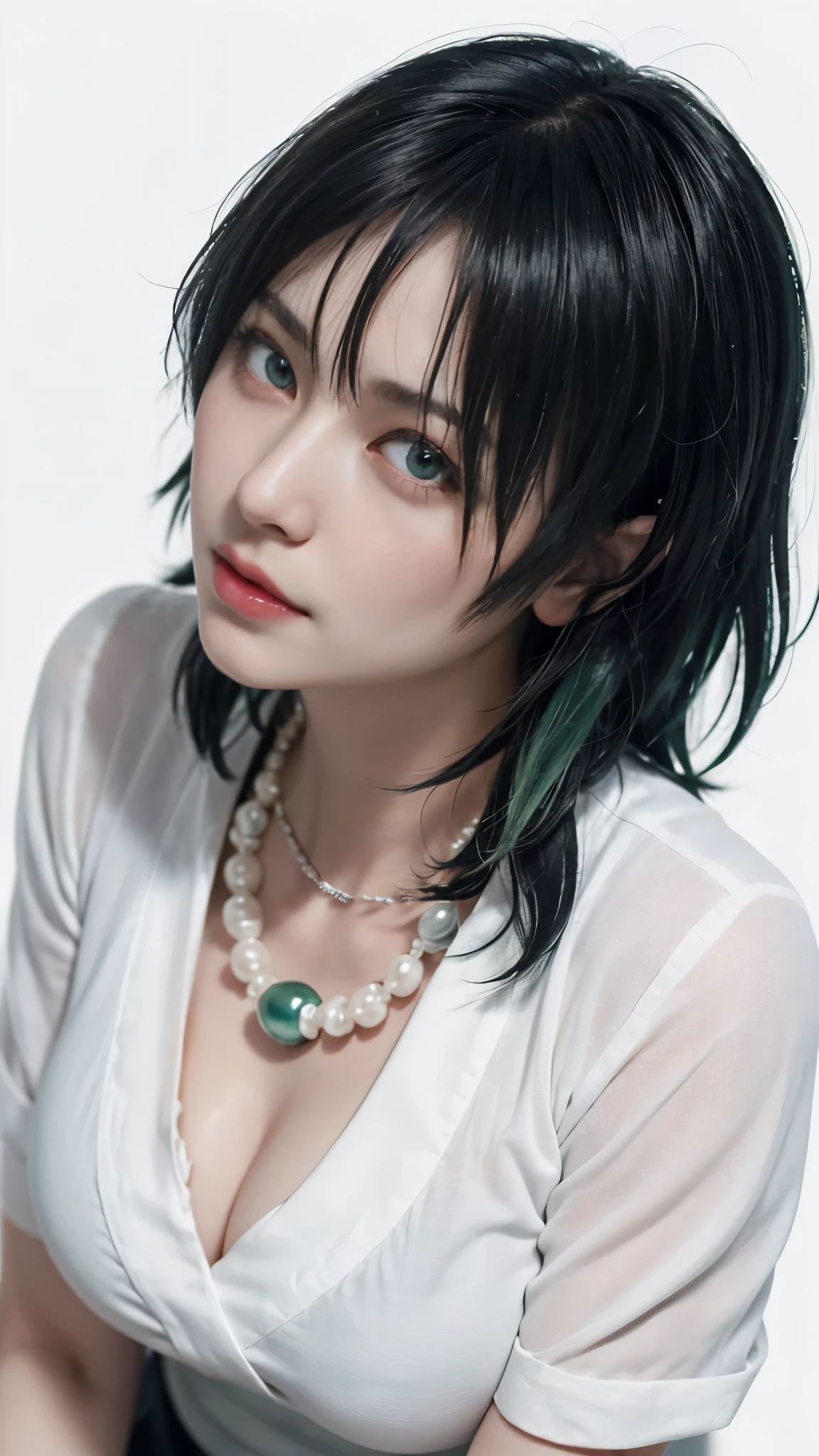 (((Fubuki)))from attack on Titan anime series,Mappa, white background , Green hairs, white shirt, pearl necklace, expressive eyes, tsundere happy look, , beautiful tsundere look,pale skin,red lips,
Clear white background, big breasts,beautiful big eyes 