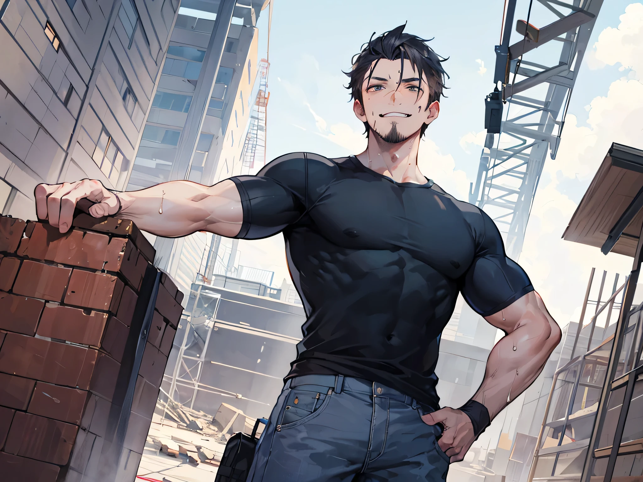 (Uncle),angle from below,Cabedon,Deluxe,evil smile,people々, Uncle,logic,eye, black shirt,, I have a brick in my hand, dripping sweat,constructionyardai,constructionyardai