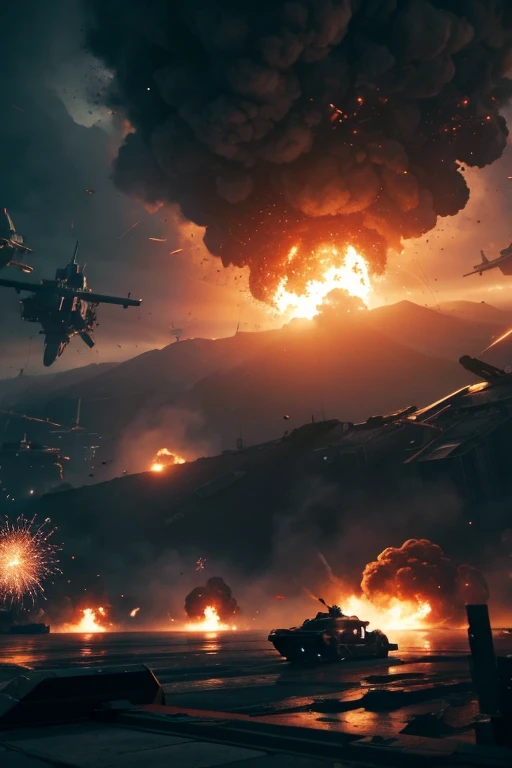 Cinematic battle space scene with humans in gunfire, explosions, epacial ships, destruction and volumetric lighting. Very detailed.)