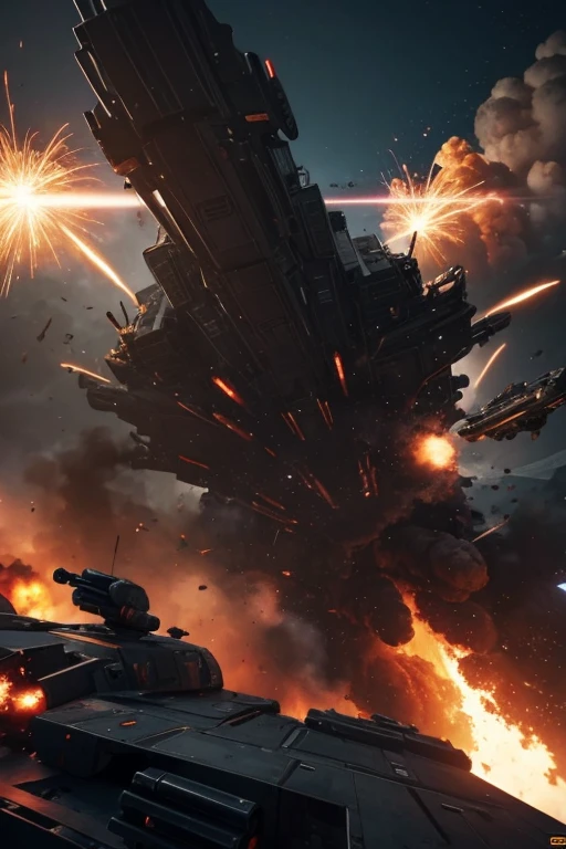 Cinematic battle space scene with humans in gunfire, explosions, epacial ships, destruction and volumetric lighting. Very detailed.)