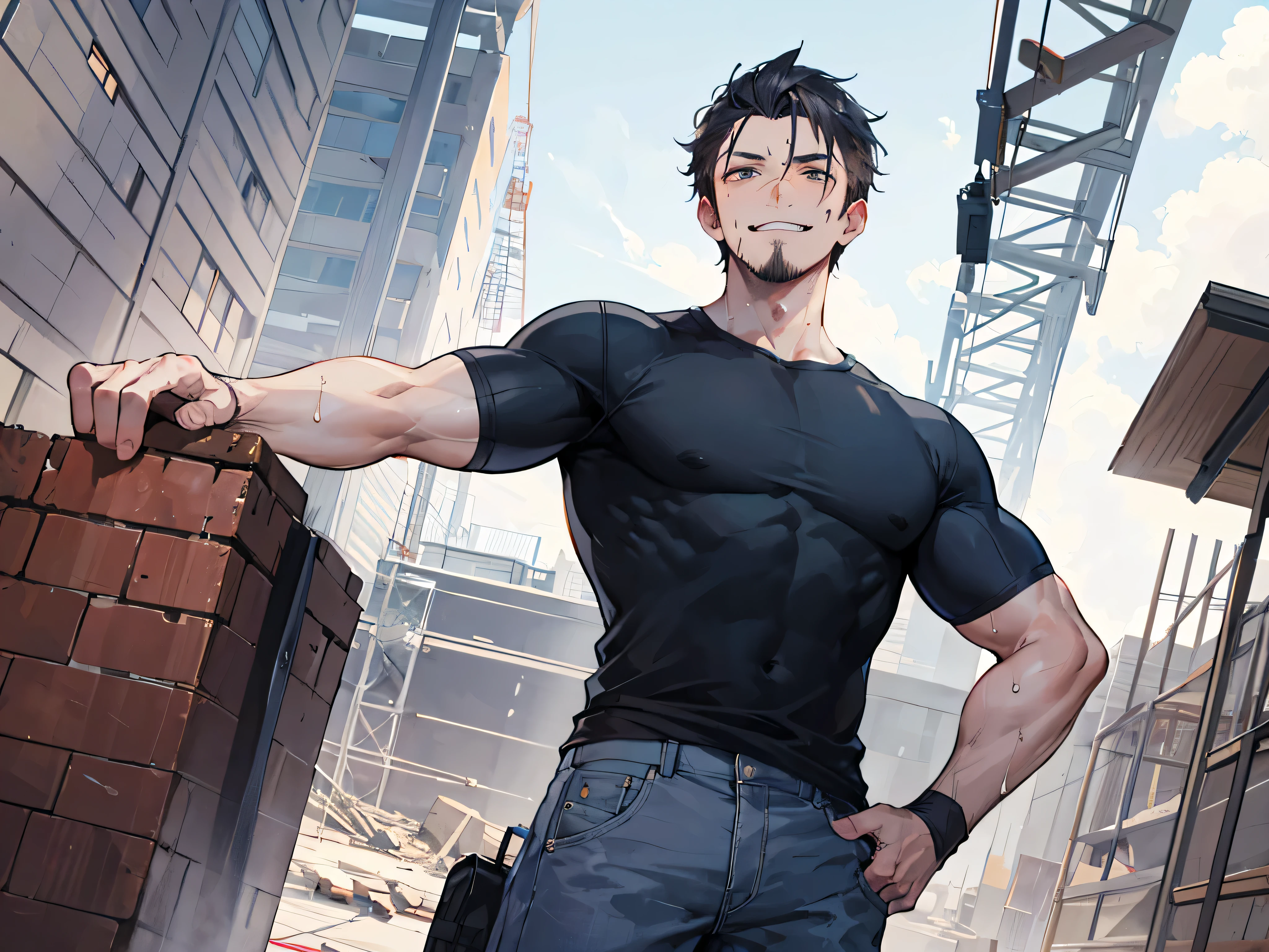 Deluxe,(Uncle),angle from below,Cabedon,Deluxe,evil smile,people々, Uncle,logic,eye, black shirt,,black skin,dripping sweat,constructionyardai,constructionyardai