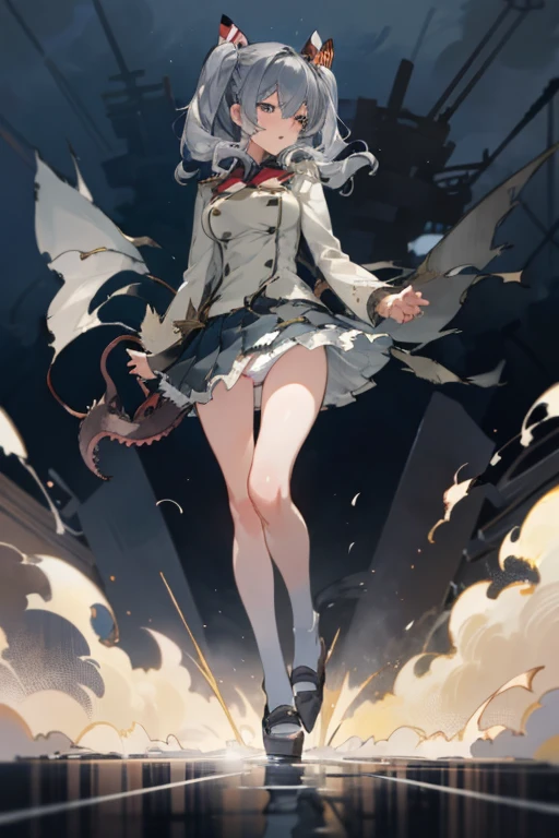 1girl, solo, masterpiece, best quality, standing, full body, Kashima, tilt head, big breast, empty eyes, moaning, :o, saliva, (skirt fluttering, white panties, torn clothes:1.3), tearing up, dark atmosphere, tentacles, Tyndall effect, scenery
