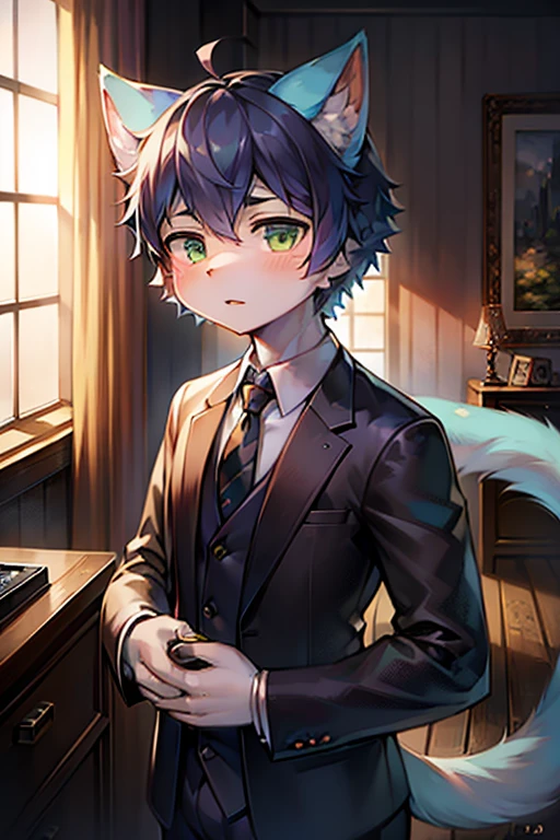 best quality，4k，high resolution，Ultra-detailed，Photorealistic：1.37）， serious expression， blue short hair， cat ears， cat tail， green eyeluffy， Shota， male， Lovely， illustration， digital painting， studio lighting， bright colors， Surreal， pastel color palette， soft light， hairy， Cats， long tail， personification， hairy艺术风格， black suit，Wear sunglasselue hair，