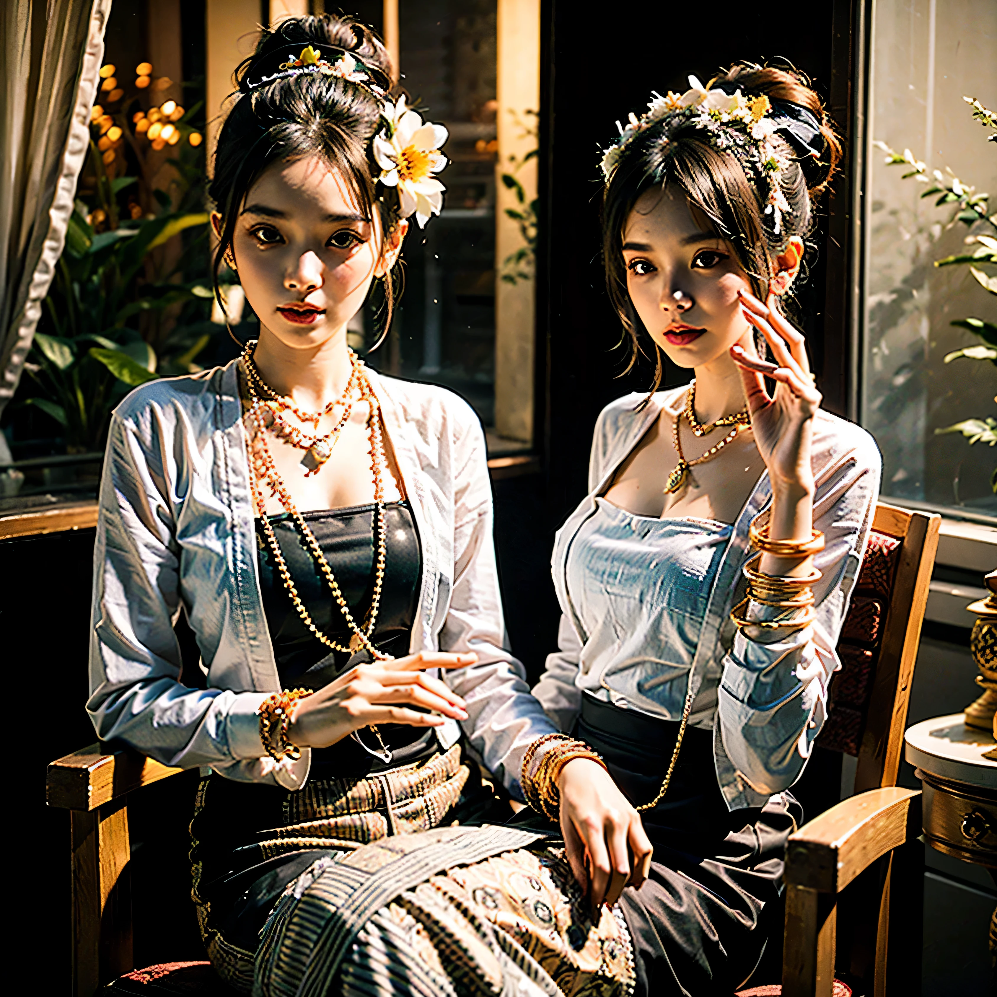 (raw photos:1.2), (realistic:1.4), (Masterpiece:1.3), (best quality:1.4), Ultra high resolution, (Detailed eyes), (Detailed facial features), (Detailed clothing features), HDR, 8k resolution, Focus only, Dressing according to Thai tradition, Traditional shawl , 1 woman , big breasts, A gigantic rift, big breastsดันเสื้อผ้า, big breast, Your breasts will grow to their full size...., Make your breasts bigger.., small waist, Long legs, Facing the audience, full body, depth of field, Cinema-grade lighting system, big breasts, Too big for your body, Revealing a flat stomach, The lower half of the chest can be seen...., Sexy sitting posture, Pictures from eye-catching angles, Correct picture composition, The picture is complete.., Correct body proportions, Perfect Anatomy, Post a model pose, dynamic, professional,