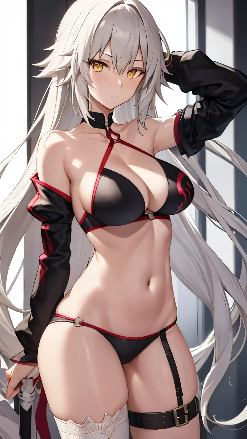 summer_jalter, yellow_eyes, long hair, mature,   single thighhigh, white hair, thigh strap,  bikini, 1girl, solo, closeup