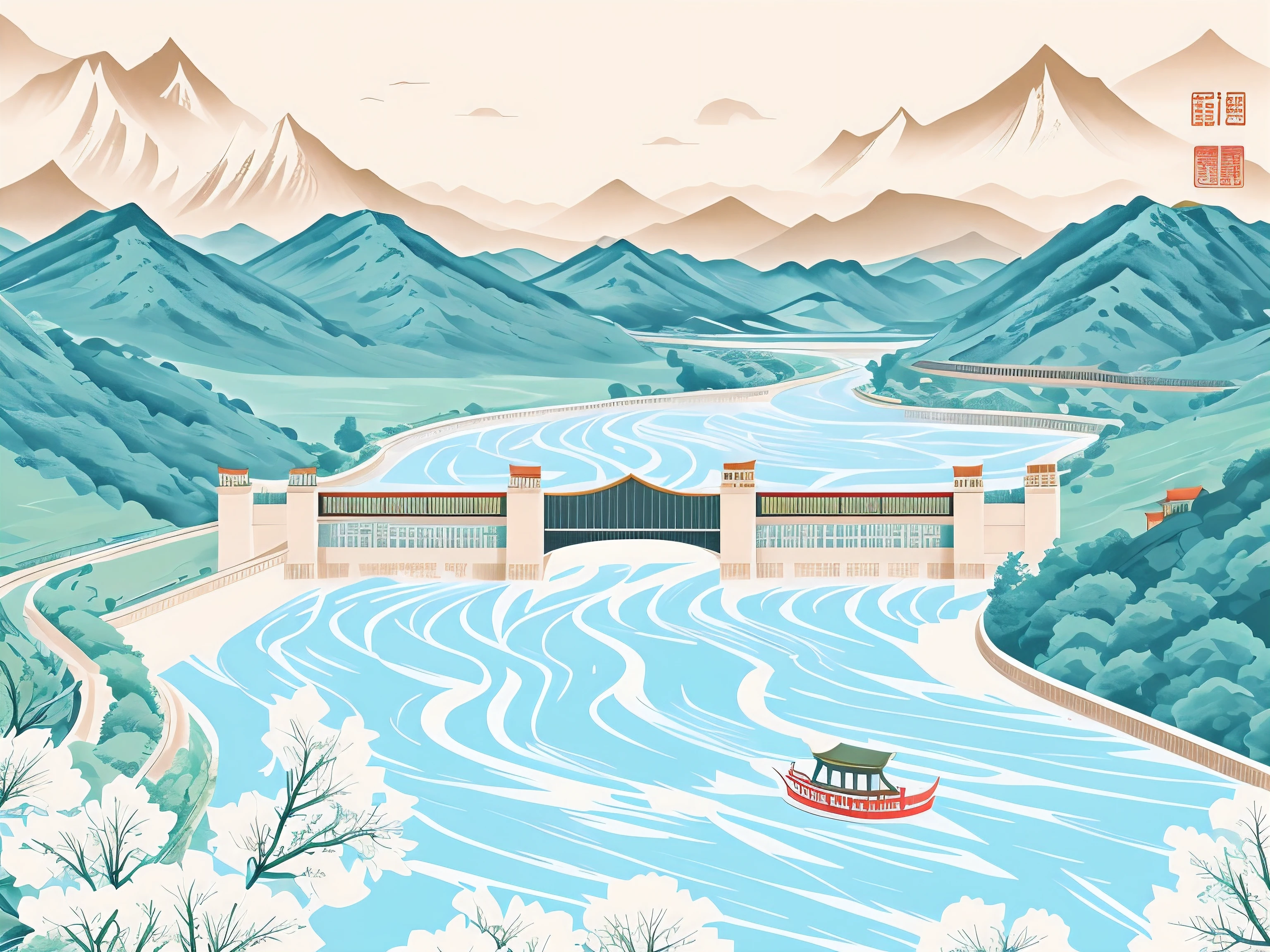 Chinese style, Chinese fashion, illustration style. Chinese traditional colors, like a canyon、Dam etc., embankments and dams, The new popular illustrations are refreshing, river, Mountain, and national style, - with 3:4-s 200-niii