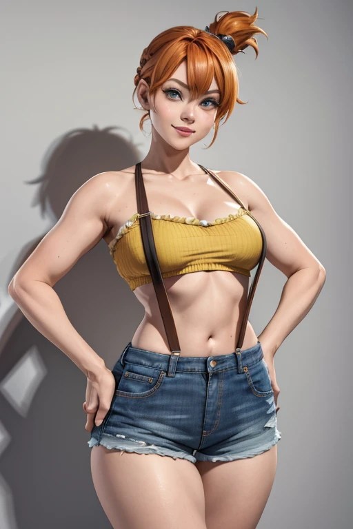 Pose de modelo sexy, obra de arte, melhor qualidade, high resolution, 1 garota, enevoado (Pokémon), cabelo laranja, Sozinho, shorts, suspenders, rabo de cavalo lateral, cabelo laranja, barriga, topo de colheita amarelo, umbigo, cabelo curto, jeans, jeans shorts,, sorriso, seios grandes, tiro de corpo inteiro, ao ar livre, high resolution, very high resolution, 1080P, 4k, 8k, 16k, muito detalhado, realista, 8k, Cinema 4D, Arte extremamente detalhado, [ Arte Digital 4K ]