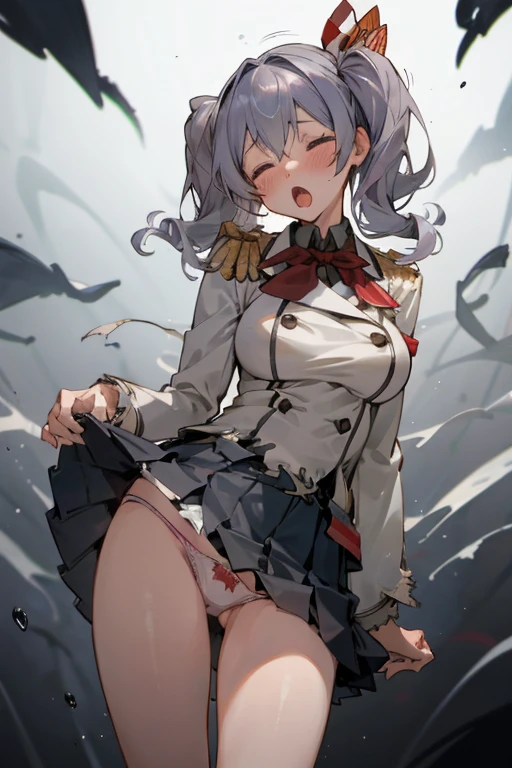 1girl, solo, masterpiece, best quality, Kashima, tilt head, big breast, closed eyes, moaning, :o, saliva, (skirt fluttering, white panties, torn clothes:1.3), tearing up, dark atmosphere, tentacle leash, Tyndall effect,