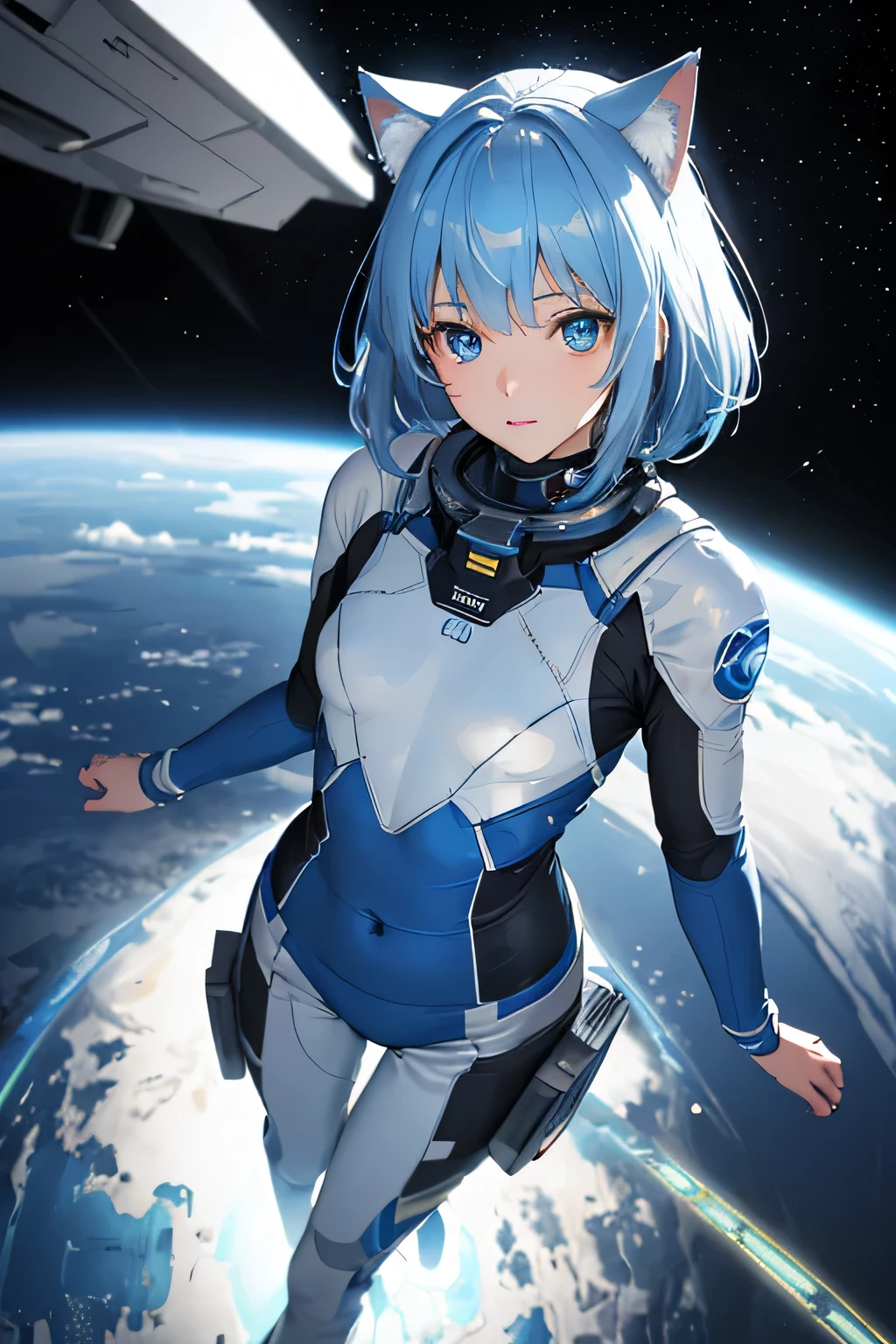 (8k, HDR, RAW photo, best quality, masterpiece:1.2, realistic lighting), overhead view, dynamic angle, girl floating on space, solo, (thin face), realistic beautiful face, very detailed face, poker face, (bob cuts hair), ((sky blue hair)), path traced hair, (sky blue cat ears), ((sky blue eyes)), beauty eyes, perfect symmetrical eyes, clear sparkling blue eyes, (flat chest), (small breast), wearing a full body spacesuit, (spacesuit helmet), (sspace:1.3), detailed and complex busy background, surreal space, fantasy space, outer space