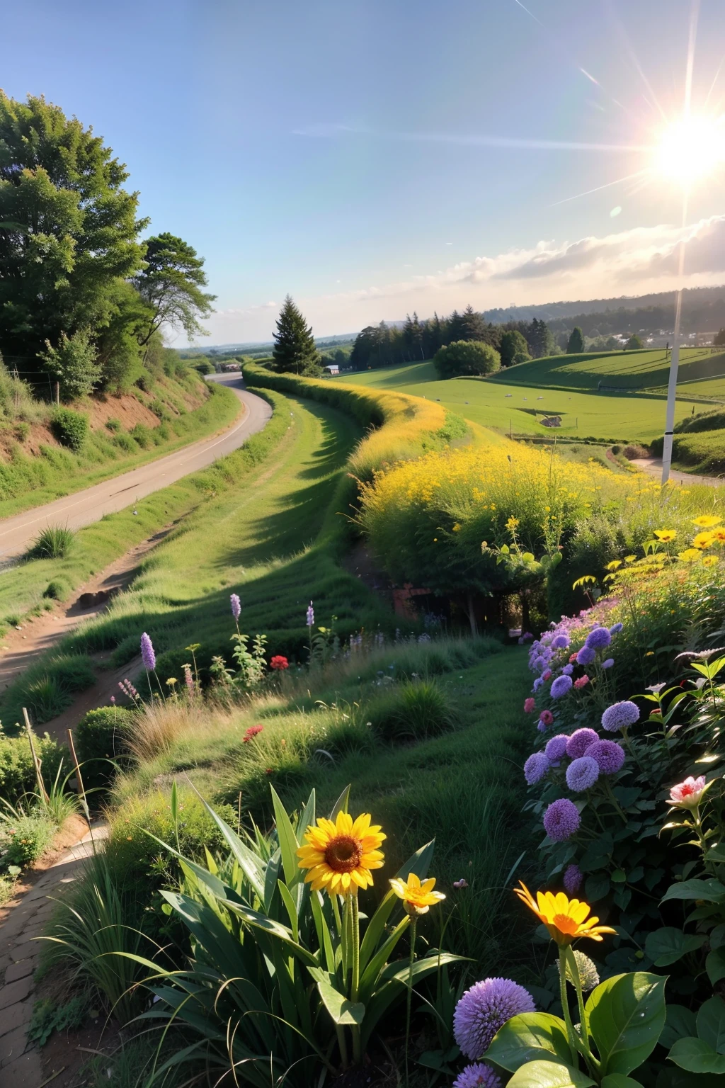 The vast and boundless grassland was filled with a layer of gold by the bright red sun.。The dewdrops on the grass blades are like gems set on emeralds，Glowing with colorful brilliance。Red、White、yellow、blue、purple，Various wild flowerake the green grassland more beautiful than the garden。