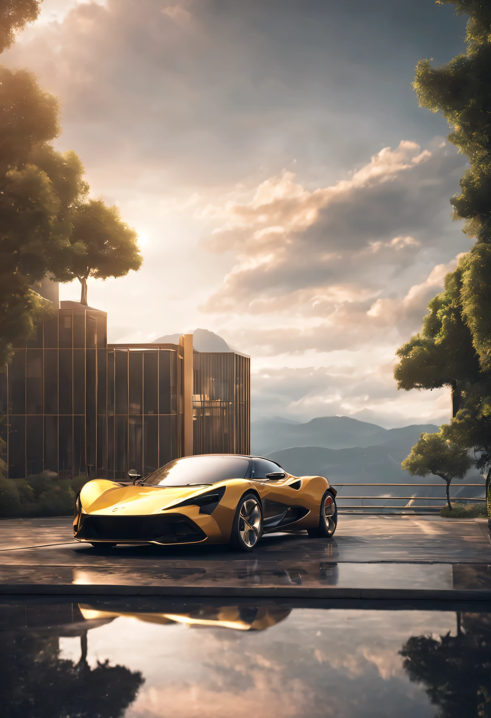 car cg rendering ,atmosphere,The car the new Lotus eletre, scene,product level,cycles renderer,Soft reflections from the car body,Block concept building,The realm of the sky,Multi-angle,Block concept building场景,Realistic,conceptual architecture rich,Beautiful background architecture,The overall look and feel very atmospheric