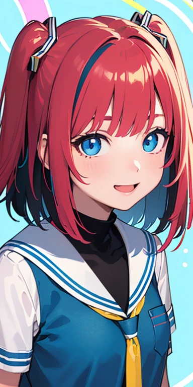 baby face, (colorful fluorescence multicolored hair:1.5,two side up:1.5), (masterpiece, sidelights, exquisite beautiful eyes: 1.5), masterpiece*portrait, realistic, ((Colorful background of different colors:1.5)),(high tension girl:1.5),colorful,3D face,(cute face),front view: 1.6、 (glowing blue eyes),plump face:1.5,(tareme:1.5)、(laugh with your mouth wide open:1.2),()、Rosy Mouth,Slim Body, shiny hair, shiny skin: 1.5、medium breasts,、solo,(stand)、(high school girl,school uniform)、(charactor focus:1.5、portlate:1.5、eye focus:1.5,upper body)