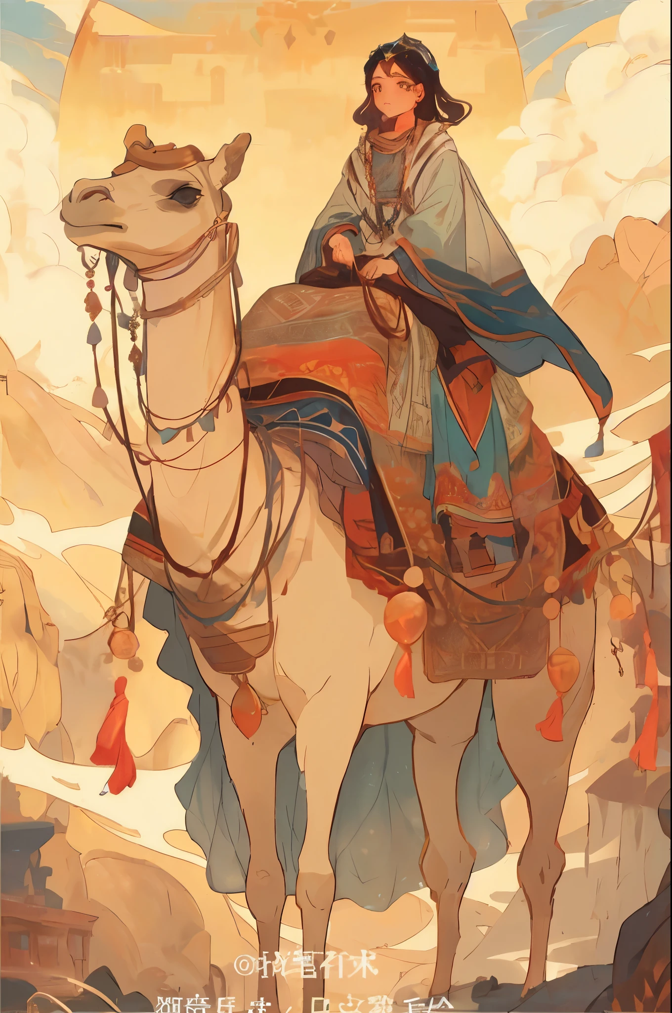 Two dimensions,a close up of a person riDing a camel in a Desert, Desert nomaD, camel goD, portrait of beDouin D&D, king of the Desert, Art, guweiz 风格的Art品, jc leyenDecker anD Deng Sachin, alphonse mucha anD rossDraws, More, the king in the Desert, Deng Sachin