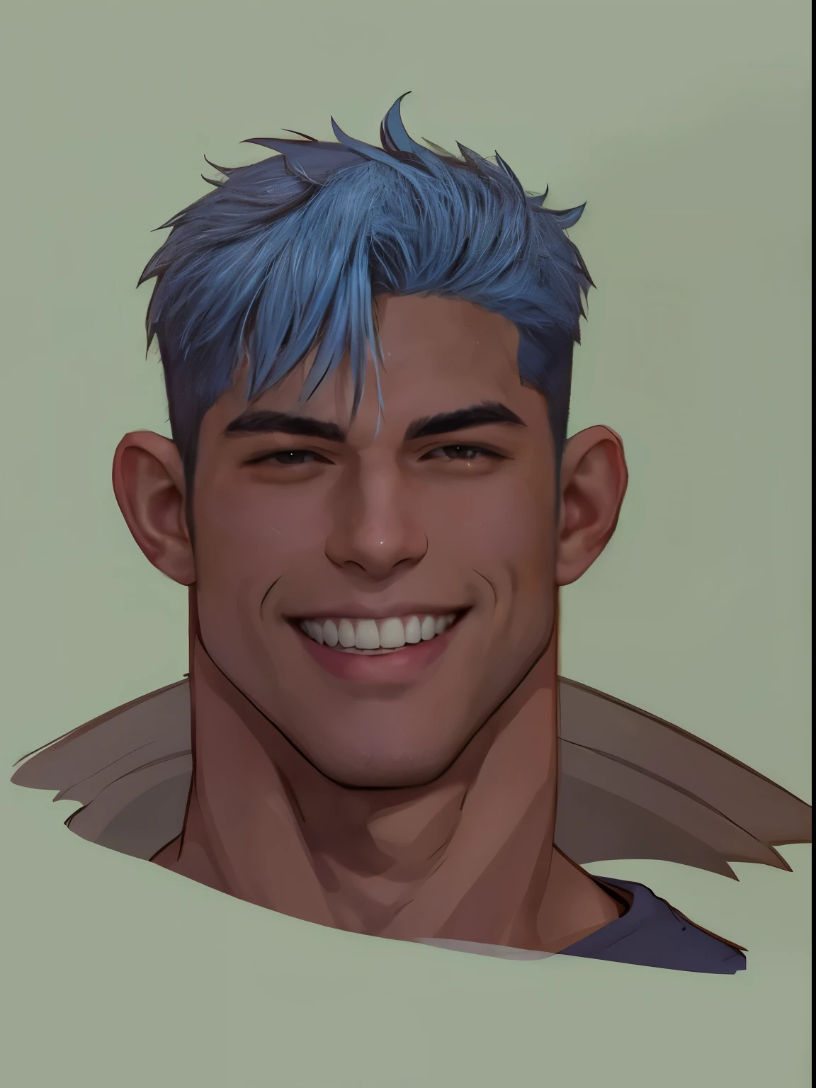 there  a drawing of a handsome 21 year old wasian man with blue hair and a smile, brown skin man with a grin, character headshot portrait, more tan face, detailed character portrait, concept headshot art, portrait dnd, cel - shaded art style, a character portrait, character headshot concept art, cel shaded!!!, sketchy artstyle, character concept portrait of me, 2d portrait