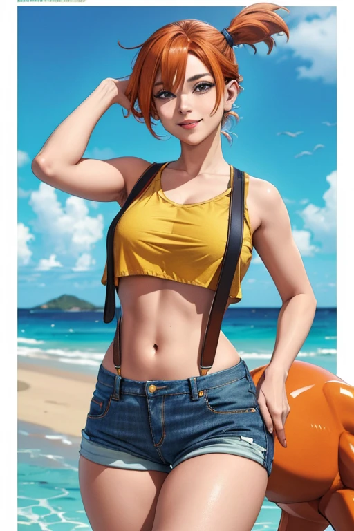 Pose de modelo sexy, obra de arte, melhor qualidade, high resolution, 1 garota, enevoado (Pokémon), cabelo laranja, Sozinho, shorts, suspenders, rabo de cavalo lateral, cabelo laranja, barriga, topo de colheita amarelo, umbigo, cabelo curto, jeans, jeans shorts,, sorriso, seios grandes, tiro de corpo inteiro, na cidade, high resolution, very high resolution, 1080P, 4k, 8k, 16k, muito detalhado, realista, 8k, Cinema 4D, Arte extremamente detalhado, [ Arte Digital 4K ]