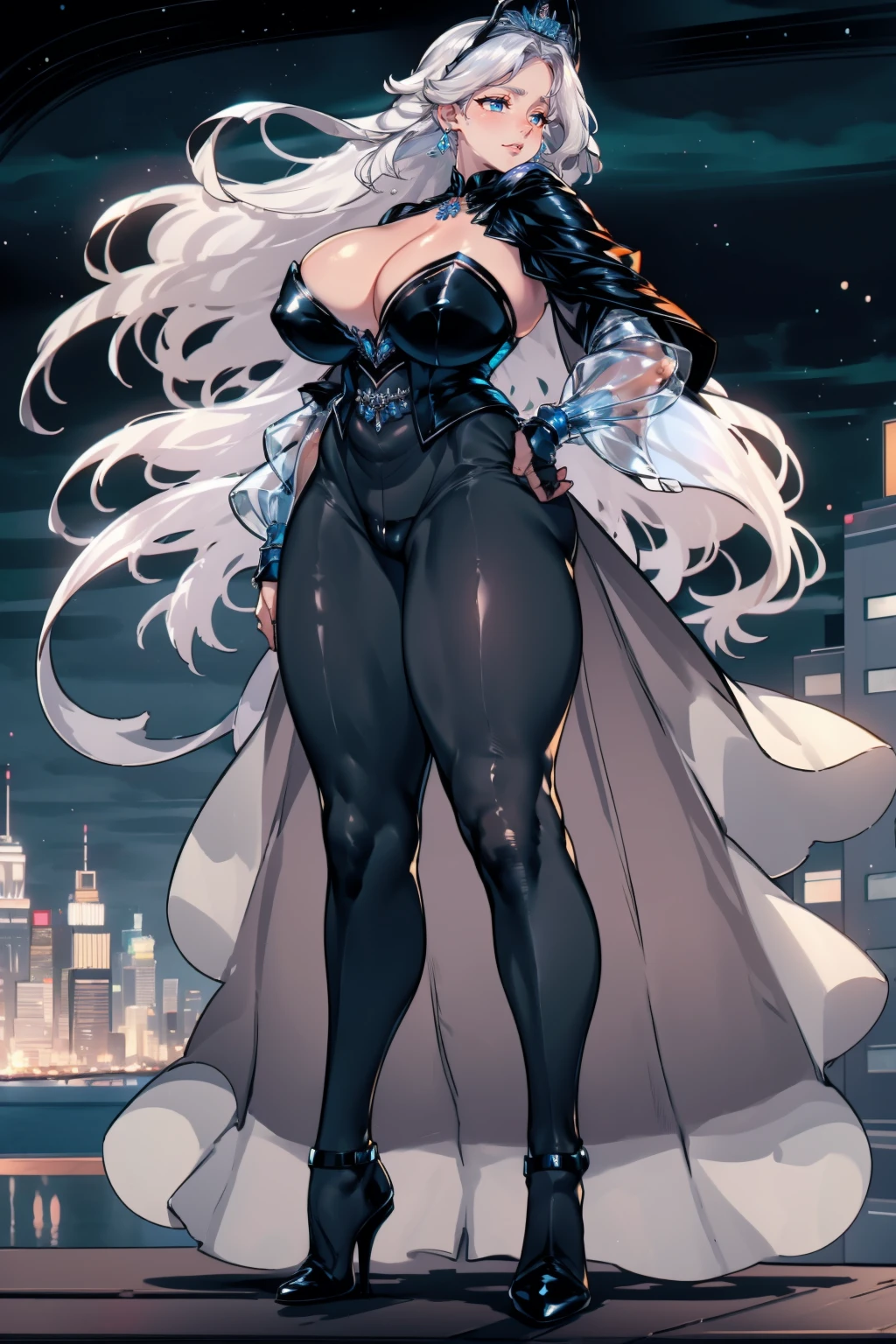 Fat butt，Busty，Tall，tall，a woman，masterpiece，best quality，The face  beautiful，black stockings，Crystal shoes，noble，abdominal musclelack hair，god，evening dress，Diamond decoration，front，whole body，evening dreslack dress，noble，Crystal Crown，lace，black stockings，Smooth，necklace，earring，High heel，Whitening，cloak，long skirt，lace，starry sky background，conservative clothing，Pants，curve，make up，gorgeous perfect face，wide hips，Tall，sweet lipeautiful gem blue eyes