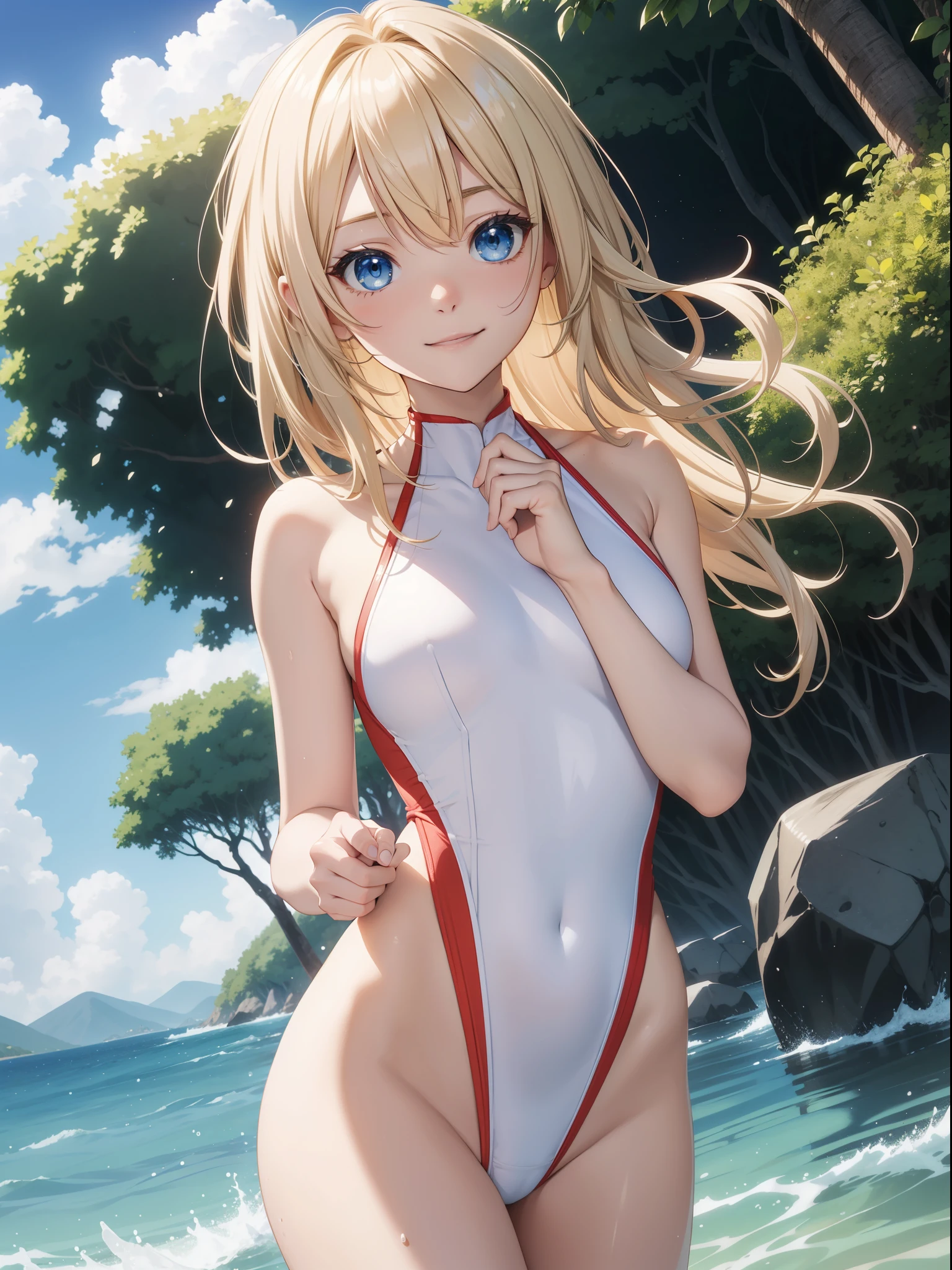 official art、High quality ultra-detailed CG art、a beautiful girl:1.2)、a blonde、lustrous Some hair、slick hair、big blue eyes,midsummer、kawaii、The sky beautiful、White competitive swimsuit、Smooth clothes、Smile、it has a 、naked、short hair、