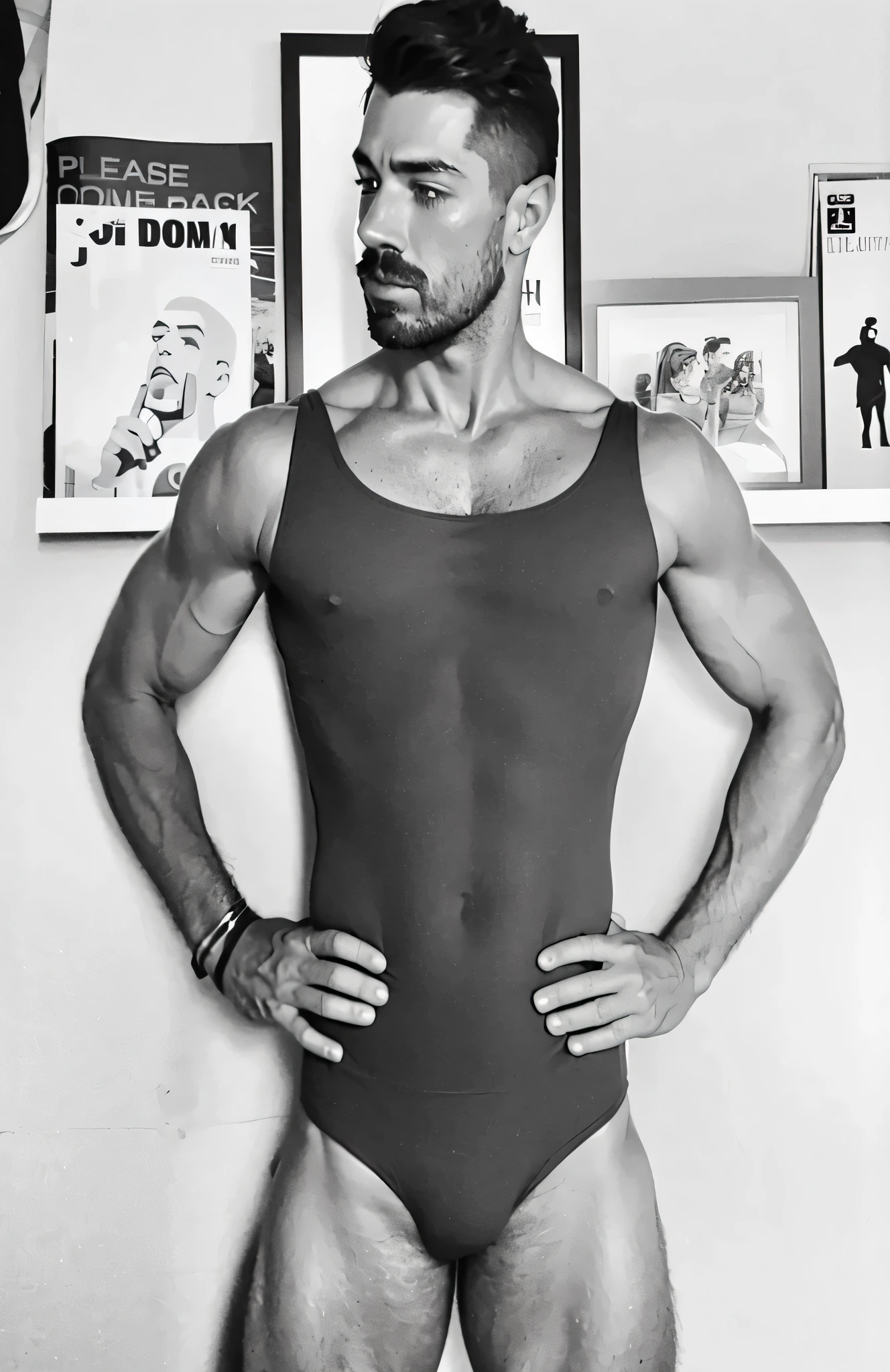 faaris azura in a bodysuit standing in front of a wall, wearing leotard, leotard, skintight black bodysuit, wearing white leotard, skintight rainbow body suit, wearing a black bodysuit, bodysuit, tom of finland style, faaris azura in tight black tanktop, in spandex suit, chrome bodysuit, faaris azura wearing tight suit