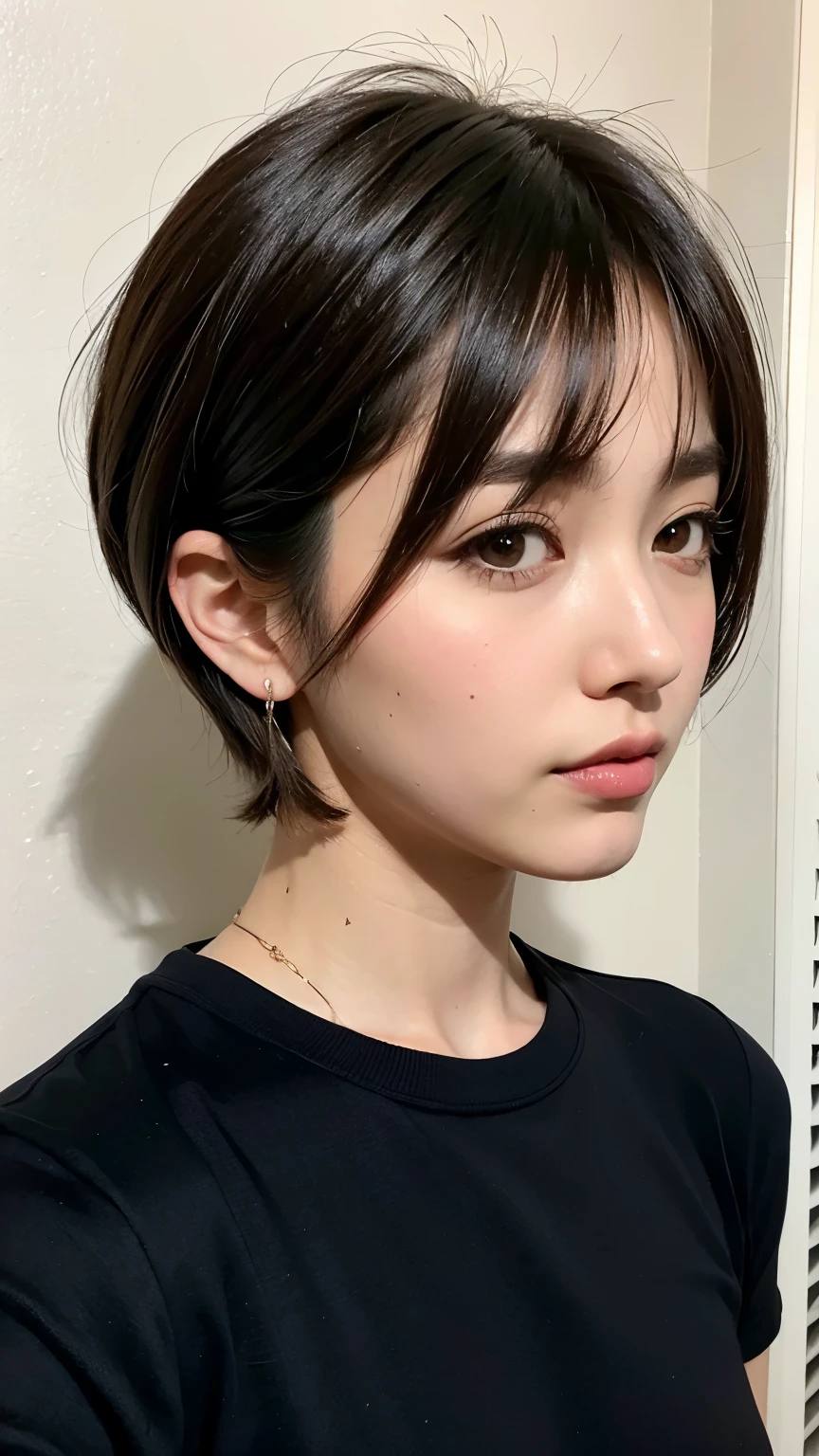 a close up of a woman with a short haircut wearing a black shirt, with short hair, short hair, with short hair with bangs, brown short hair, french bob, with a bob cut, short straight hair, short brown hair, short dark hair, chin-length hair, short - medium length hair, short bob hair, medium short hair, short hair style