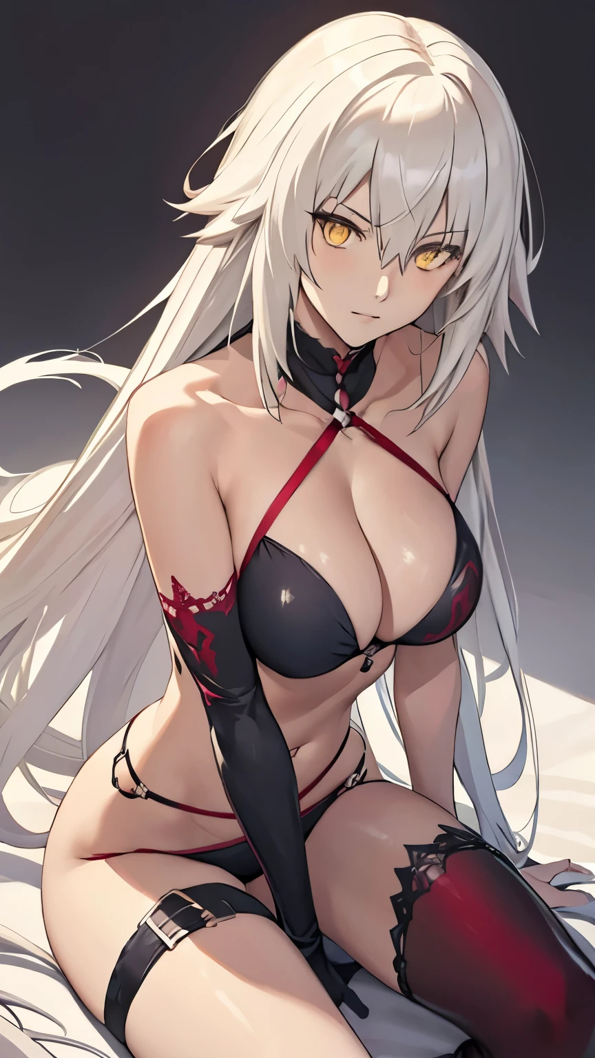 summer_jalter, yellow_eyes, long hair, mature,   single thighhigh, white hair, thigh strap,  bikini, 1girl, solo, closeup