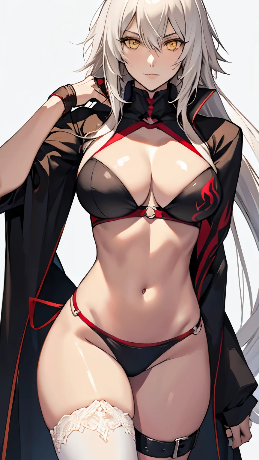 summer_jalter, yellow_eyes, long hair, mature,   single thighhigh, white hair, thigh strap,  bikini, 1girl, solo, closeup