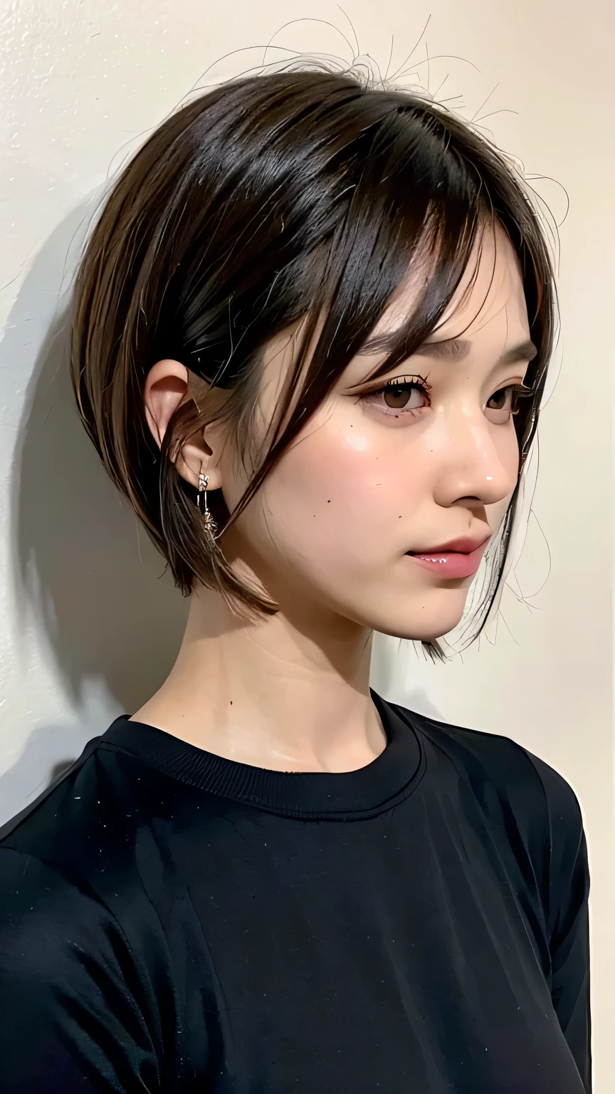 a close up of a woman with a short haircut wearing a black shirt, with short hair, short hair, with short hair with bangs, brown short hair, french bob, with a bob cut, short straight hair, short brown hair, short dark hair, chin-length hair, short - medium length hair, short bob hair, medium short hair, short hair style