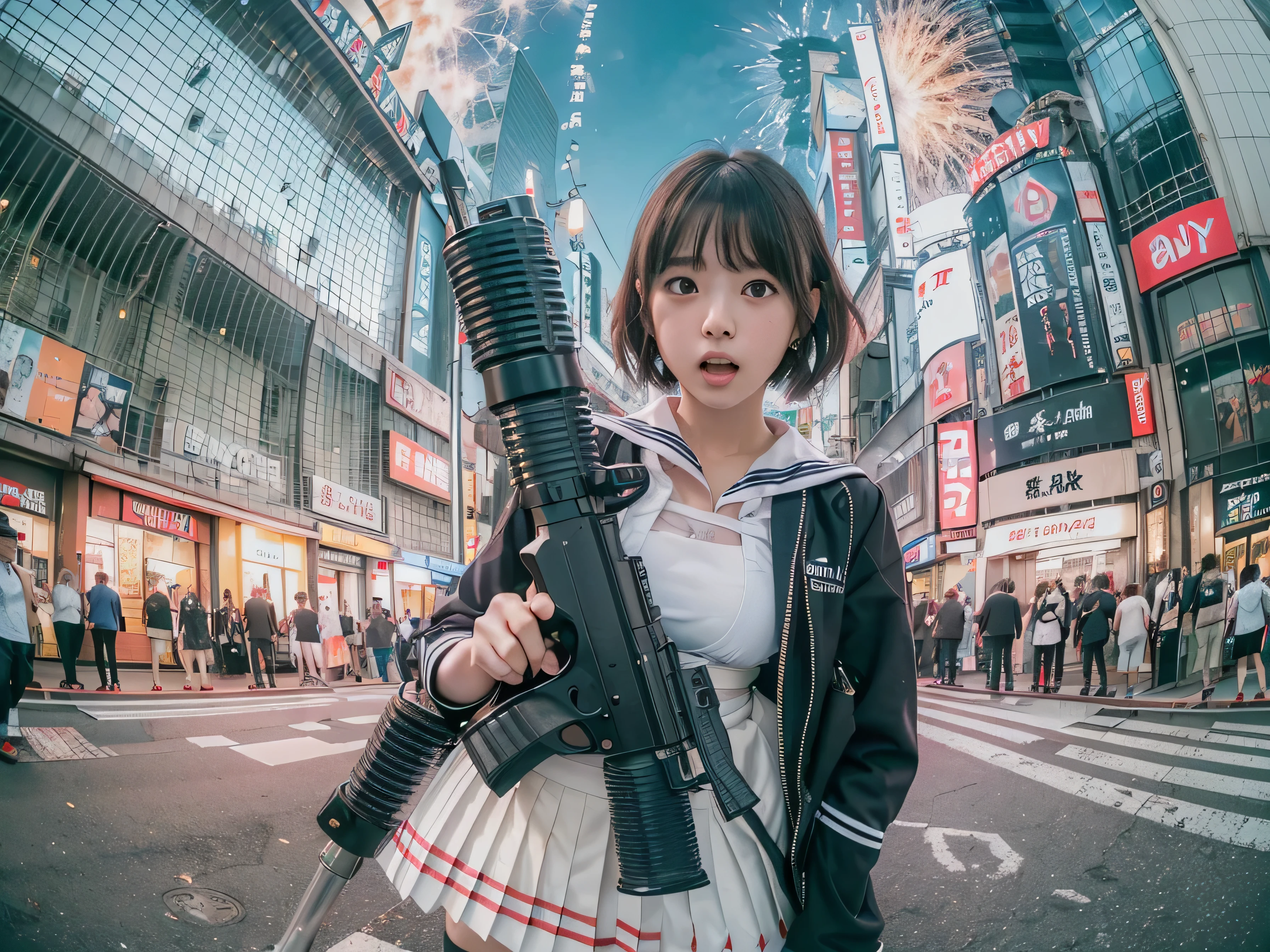 ((RAW image quality:1.4)), 8K resolution, masterpiece, high quality, unpleasant feeling, cinematic lighting, front camera angle, (Remainsの大都市), (SHIBUYA109 is attacked:1.4), 1 girl, (High school girl standing on the ground with an assault rifle (M16)), beautiful girl, invincible smile, running, good style , short hair, cleavage, short sailor suit, tartan check miniskirt, dynamic pose, Remains, Shibuya Ward, Missile attack, (explosion:1.4), inflammation, (Photographed with an 8mm fisheye lens:1.4), Shallow depth of writing, Photo looking up from below,