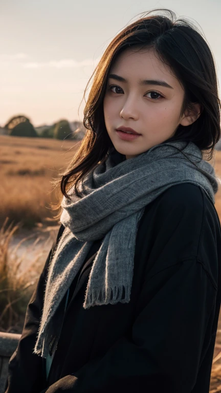 8k, best quality, masterpiece, realistic, ultra detail, photo realistic, Increase quality,
a photo of a girl standing in a field with a scarf, in the style of dark and brooding designer, voluminous mass, photobash, serene faces, jagged edges, navy, natural beauty, close-up shot