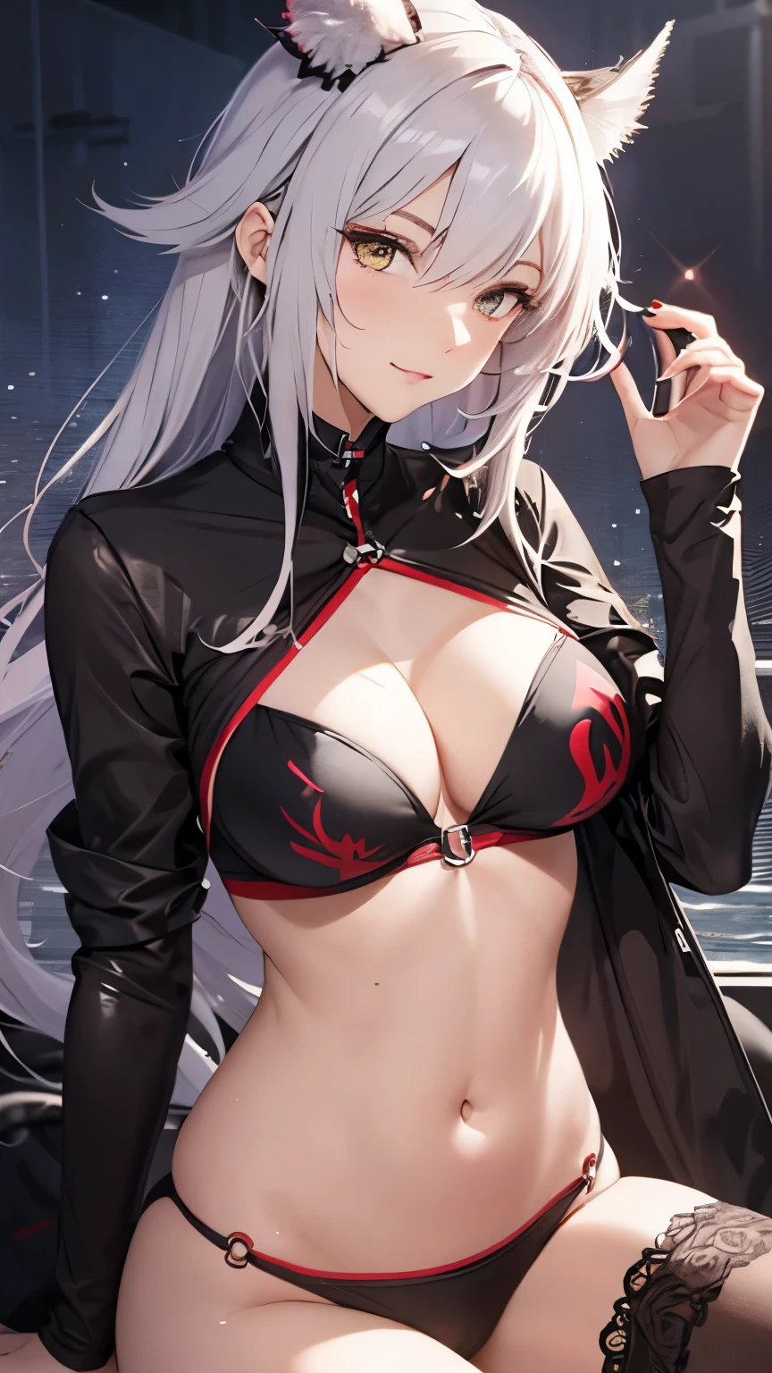 summer_jalter, yellow_eyes, long hair, mature,   single thighhigh, white hair, thigh strap,  bikini, 1girl, solo, closeup