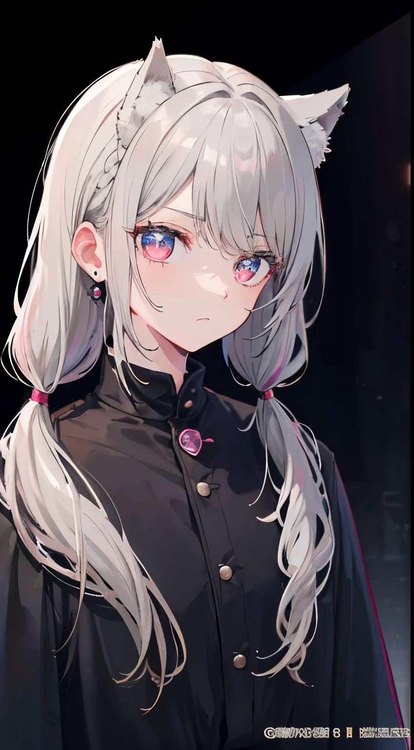 ((suspicious handsome boy)), pink big eyes,  1 small, slender man,  ((gray hair,)),(braided twintail hair), In 8K, top quality, (highly detailed head: 1.0), (very detailed face: 1.0), (highly detailed hair: 1.0),((Flashy underworld black host suit))、 black earrings, wolf ears、Detailed official artwork,  clean detailed anime art,sex appeal, cool look