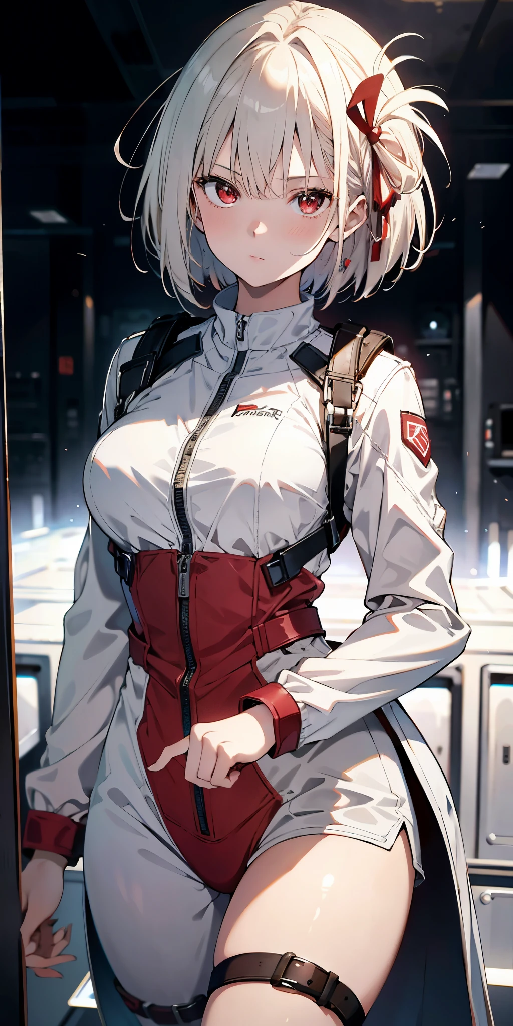 ridiculous resolution, high resolution, (masterpiece: 1.4), super detailed, 1 girl, seen from above in spacesuit, space, floating, Wide angle lens distortion, platinum blonde, medium hair, red eyes