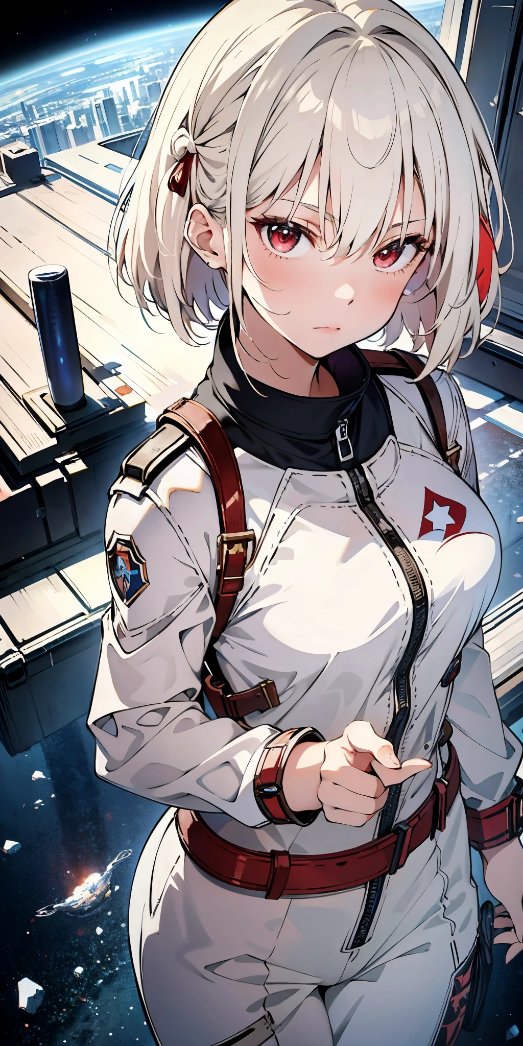 ridiculous resolution, high resolution, (masterpiece: 1.4), super detailed, 1 girl, seen from above in spacesuit, space, floating, Wide angle lens distortion, platinum blonde, medium hair, red eyes