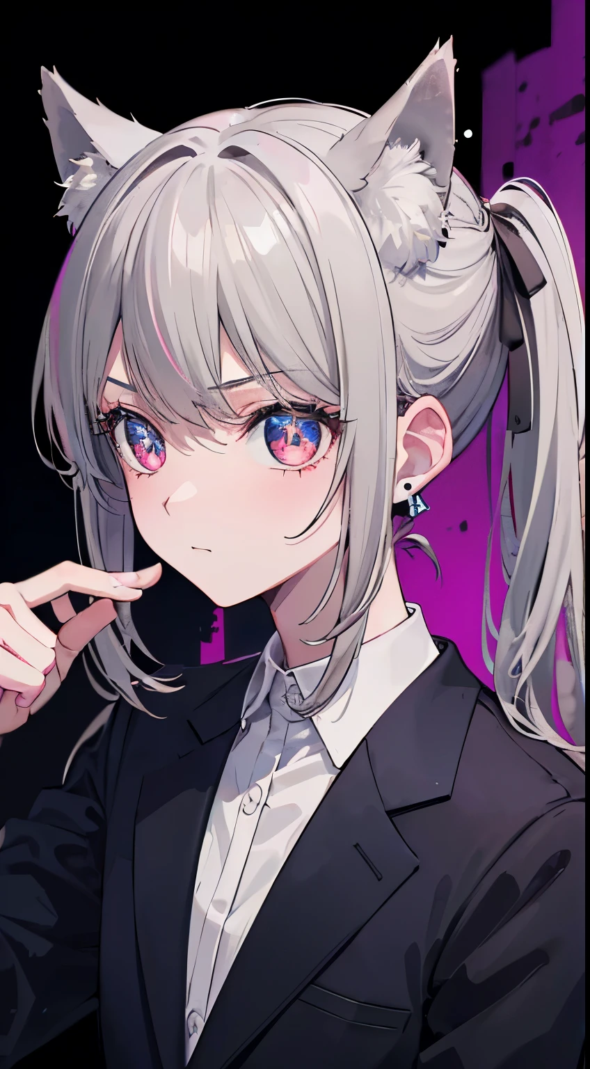 ((suspicious handsome boy)), pink big eyes, 1 small, slender man, ((gray hair,)),(braided twintail hair), In 8K, top quality, (highly detailed head: 1.0), (very detailed face: 1.0), (highly detailed hair: 1.0),((Flashy underworld black host suit))、 black earrings, wolf ears、Detailed official artwork, clean detailed anime art,sex appeal, cool look