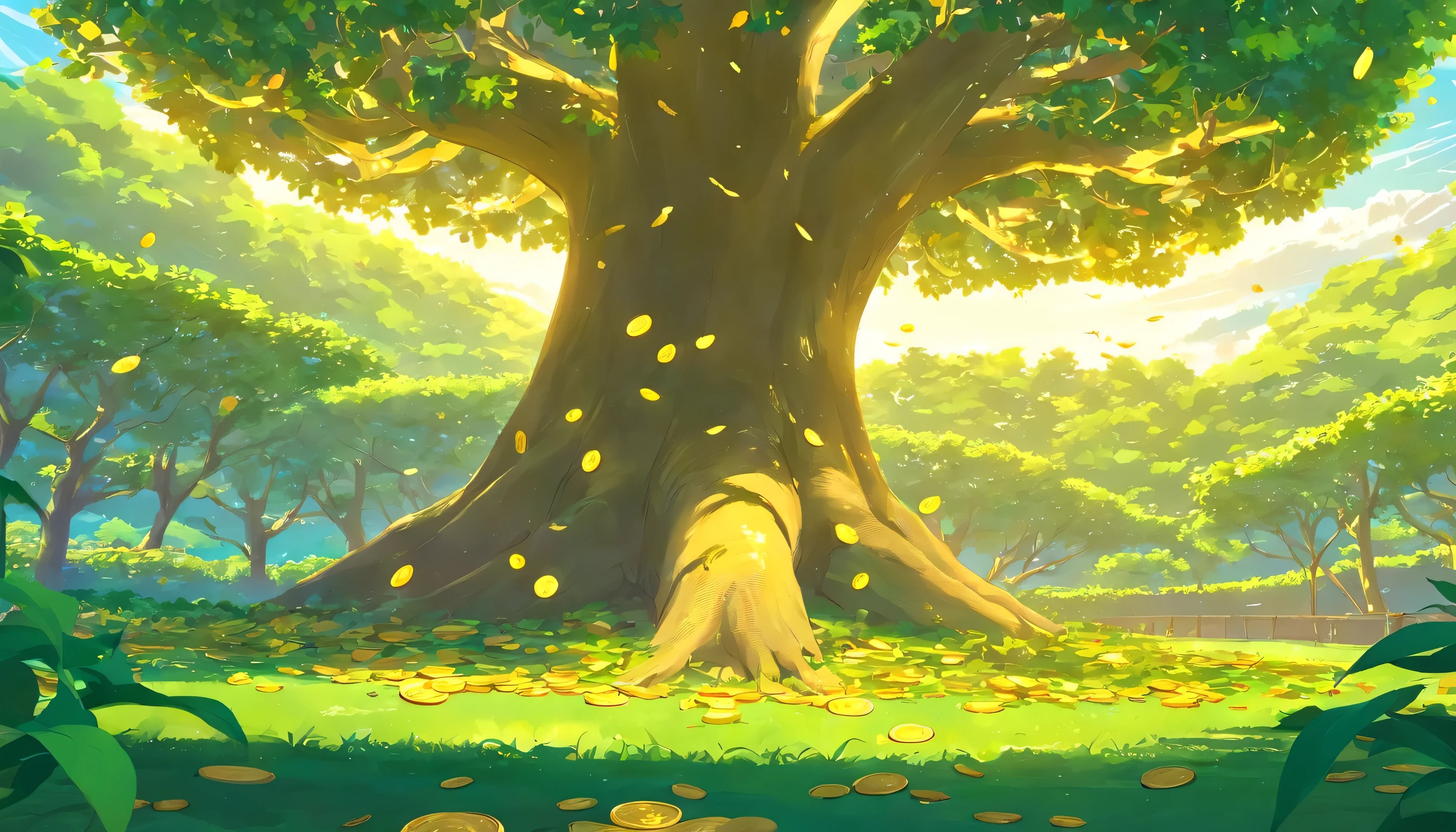 A tree surrounded by vines,The ground was covered with gold coins