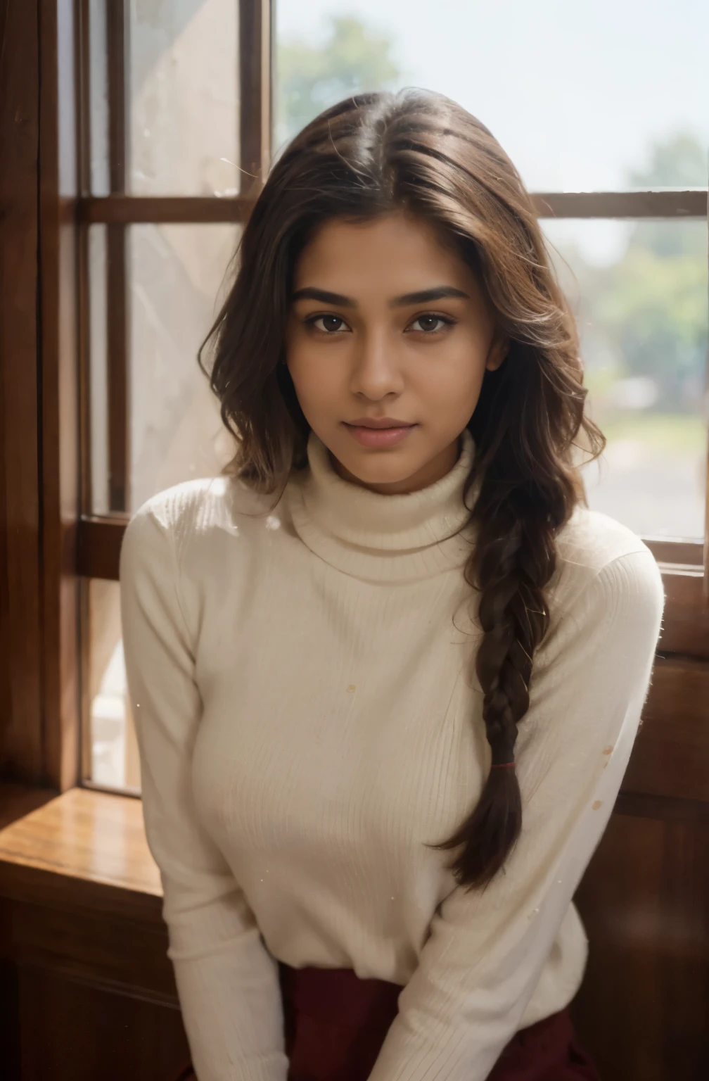 Beautiful ,23 years young Indian girl healthy, confidential looking,8k,realistic, raw photo,dark brown hair,fair skin, indian,long hair,clear facial features,, very detailed, 23years old, innocent face, natural wavy hair, high resolution, masterpiece, best quality, intricate details, highly detailed, sharp focus, detailed skin, realistic skin texture, texture, detailed eyes, professional, 4k, charming smile, shot on Canon, 85mm, shallow depth of field, kodak vision color, perfect fit body, extremely detailed, foto_\(ultra\), photorealistic, realistic, post-processing, maximum detail, roughness, real life, ultra realistic, photorealism, photography, 8k uhd, photography wearing Maroon turtleneck top, undoing braid|Pensive look| Window seat view