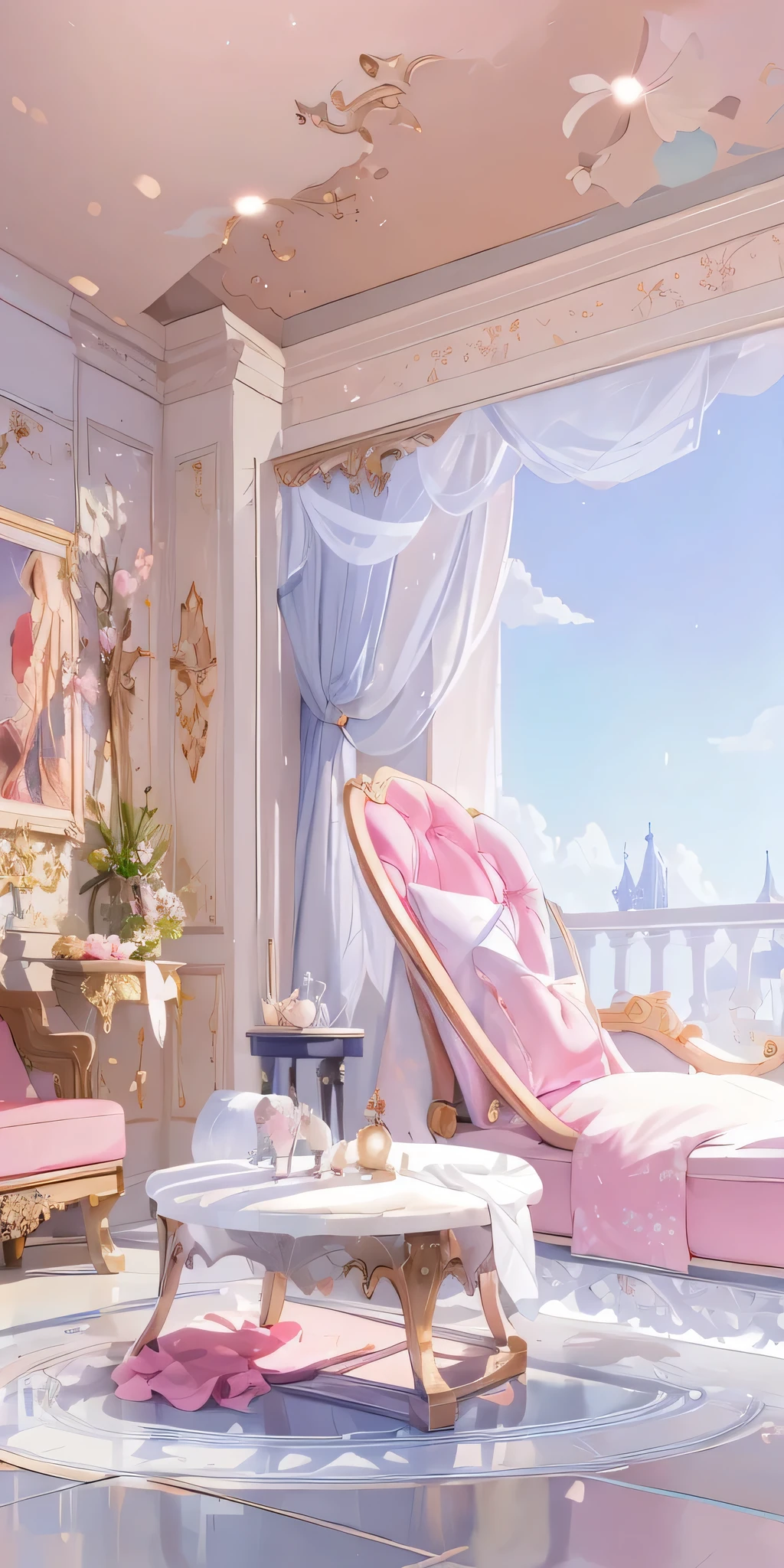 there a room with a couch, Chair, table and mirror, Dream aesthetics, Relaxation concept art, beautiful aesthetic art, fantasy aesthetics!, dreamy atmosphere, Dreamy and detailed, anime aesthetics, fantasy aesthetics, magical atmosphere + masterpiece, beautiful aesthetic design, Palatial aesthetic, Beautiful fairy tale rendering, dreamy atmosphere and drama, anime background art, dream, beautiful aesthetic
