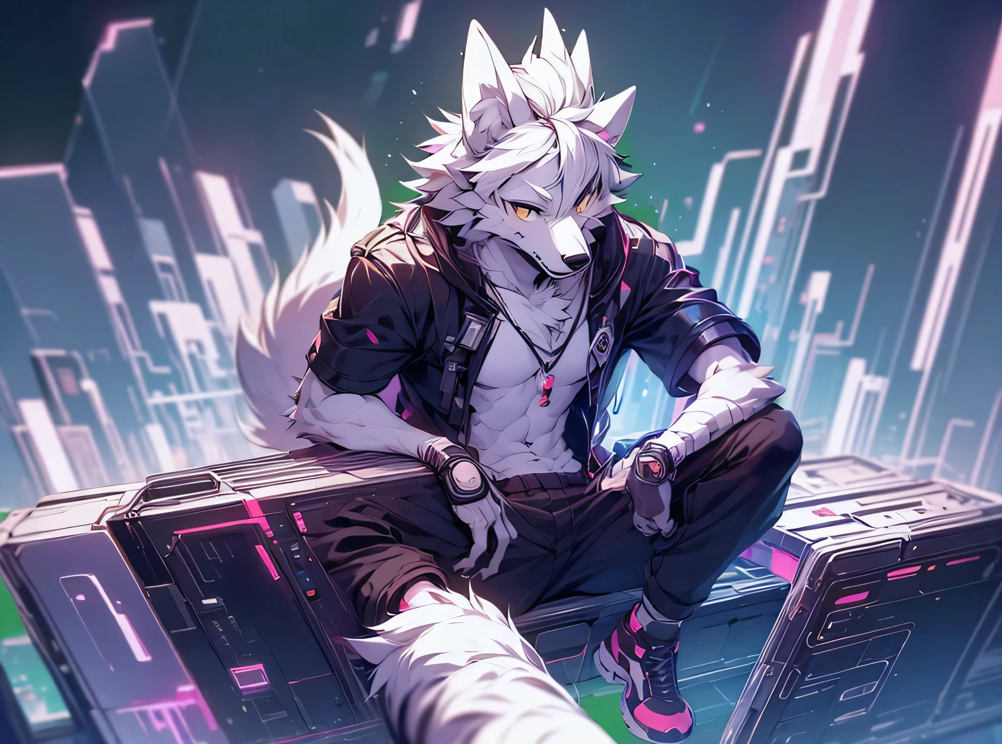 cyber punk perssonage,epcot,Tech style,solo person,White body,White ears,White hair,Overall white,Orange-yellow eyes,Wolf tail,Wolf orcs,Young,Wear a short-sleeved shirt,Ultra-clear screen,Soft lines
