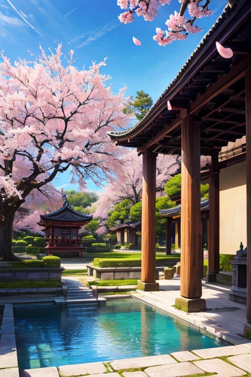 absurd, highres, ultra detailed, beautiful, masterpiece, best quality,Ancient temples, lush gardens, bright colors, quiet ponds, traditional architecture, cherry blossoms