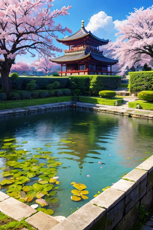 absurd, highres, ultra detailed, beautiful, masterpiece, best quality,Ancient temples, lush gardens, bright colors, quiet ponds, traditional architecture, cherry blossoms