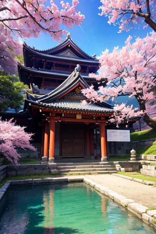 absurd, highres, ultra detailed, beautiful, masterpiece, best quality,Ancient temples, lush gardens, bright colors, quiet ponds, traditional architecture, cherry blossoms