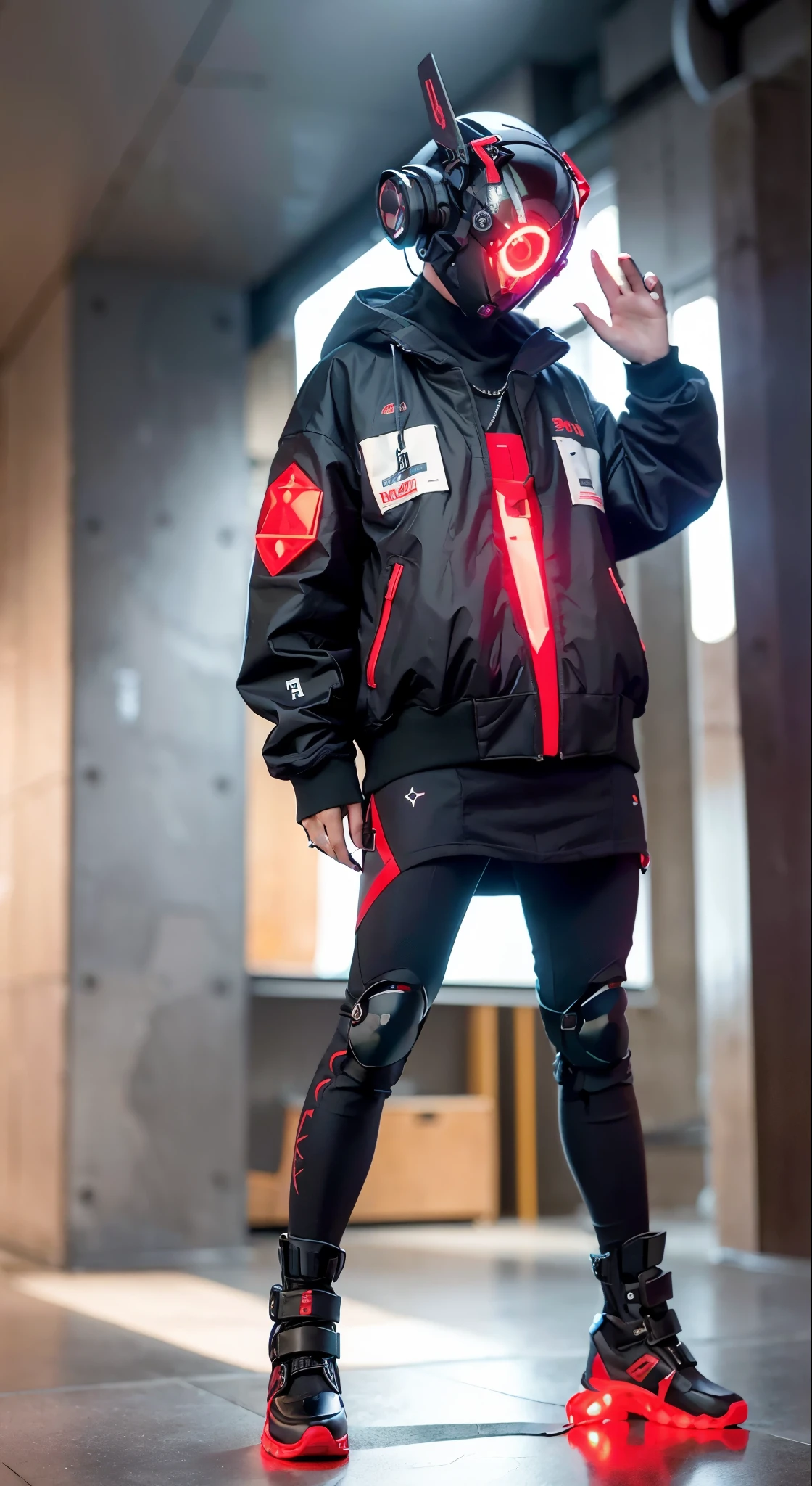 Masterpiece, best quality, a close-up of a futuristic-looking cyborg girl with a fantastic cyberhelmet head with red triangular LED lights and a halo, dressed in a black Techwear jacket, full body white background