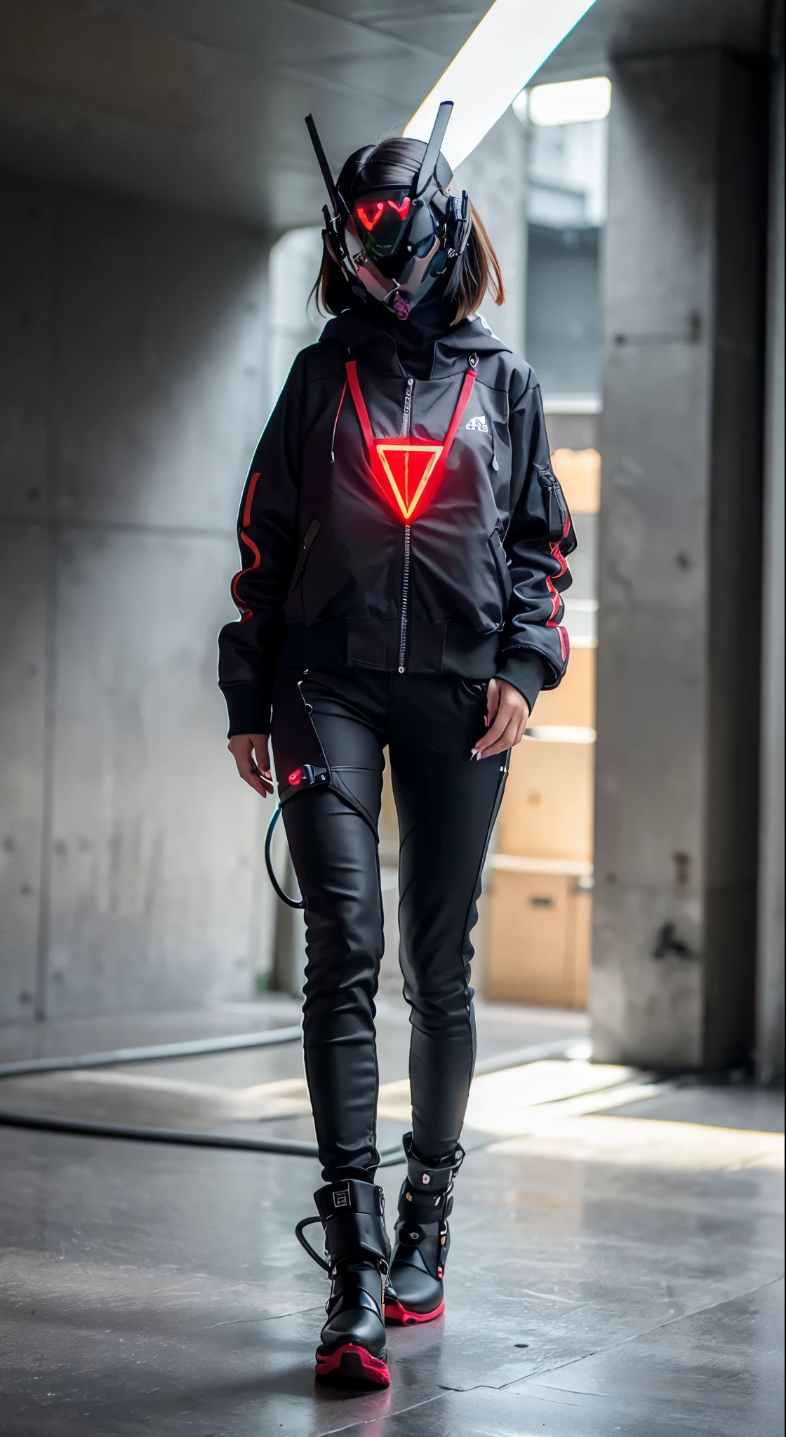 Masterpiece, best quality, a close-up of a futuristic-looking cyborg girl with a fantastic cyberhelmet head with red triangular LED lights and a halo, dressed in a black Techwear jacket, full body white background