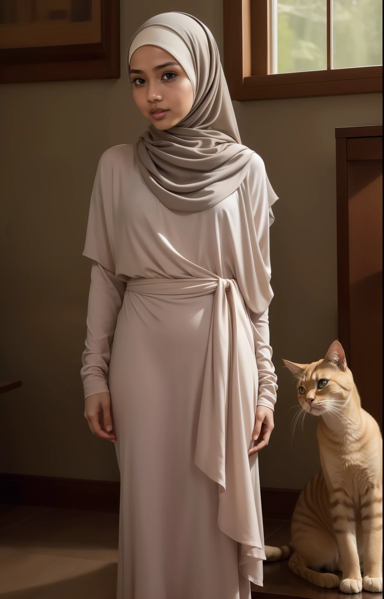 (((HIJAB MALAY GIRL NAKED))), top-quality、masterpiece, (Naked with cats)