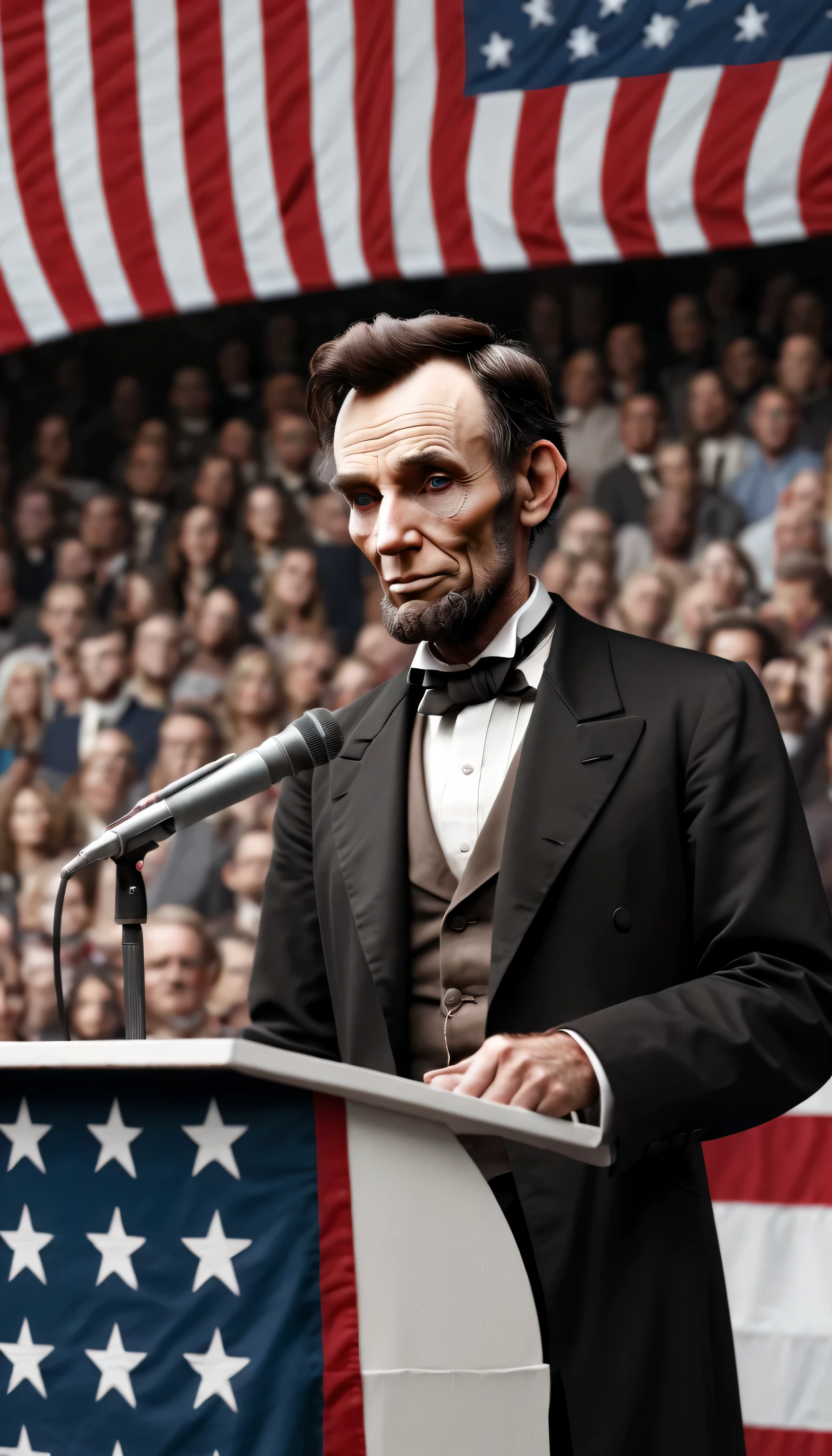 Generate a image of Abraham Lincoln on stage dressed formally in a black suit, white shirt, and bow tie is holding a microphone, indicating he s giving some form of public address. His face is obscured by a brown rectangle, keeping his identity anonymous. Background: An American flag hangs prominently in the background, big crowd suggesting that this event might be taking place in the United States or involves American themes. ((Best Quality)), 8K, HD, Super Detail,) The artwork is a masterpiece, with the best quality and super detail, captured in 8K HD. Photographic realistic, realistic, very detailed illustrations realistic, octane rendering ((neutral face))