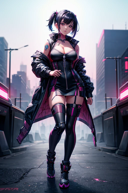 1girl, cyberpunk, (full body:1.1), thighhighs, cleavage, perfect eyes, perfect face, kuvshinov, (gradient background:1.2),