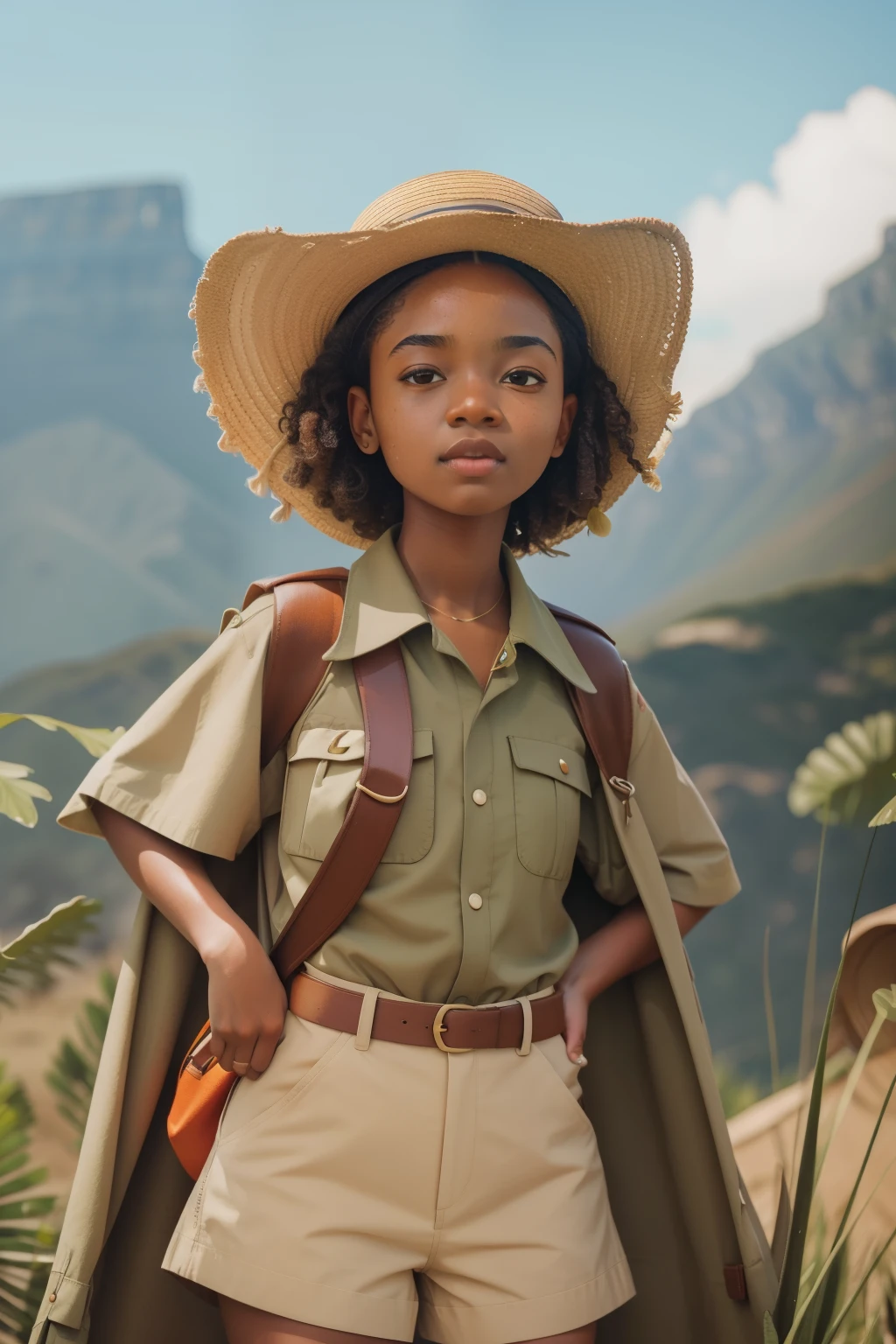 The Cape Town Wildlife Conservation Club: Illustrate a tween girl with freckles and a sun hat, dressed in safari-inspired clothing, leading a wildlife conservation club in the outskirts of Cape Town. The club members engage in nature exploration and environmental initiatives, capturing the adventurous spirit of Malory Towers in a South African setting. Illuminate the scene with Wes Anderson's whimsical colors, blending the natural beauty with a touch of playfulness.