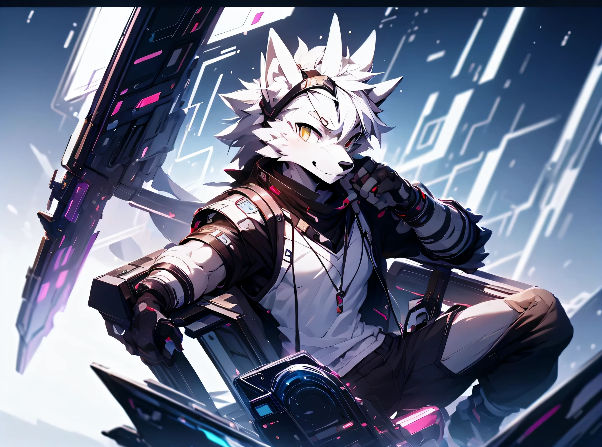 cyber punk perssonage,epcot,Tech style,solo person,White body,White ears,White hair,Overall white,Orange-yellow eyes,Wolf tail,Wolf orcs,Young,Wear a short-sleeved shirt,Ultra-clear screen,Soft lines