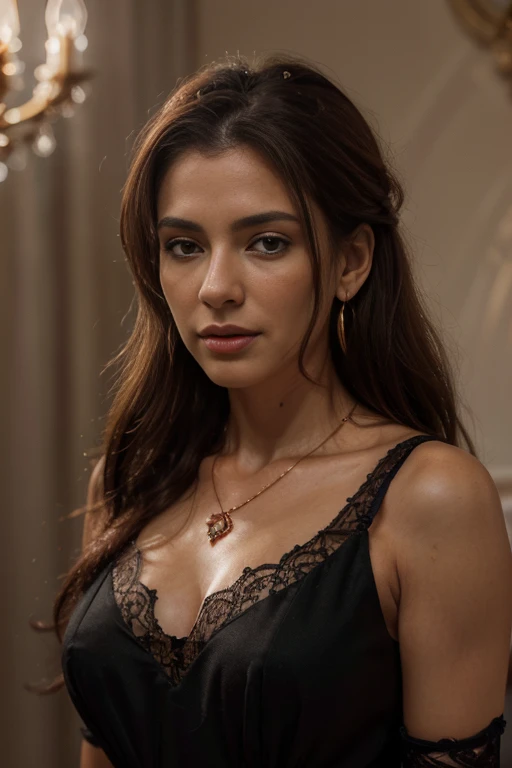 (extremely detailed CG unit 8k wallpaper, masterpiece, best quality, ultra-detailed), (best lighting, best shadow), 45 year old Spanish woman, mature, square face, wearing 1 red rose on necklace neck, wearing black lace dress with red, golden earrings, features like a maria padilla, (highly detailed skin: 1.2), medium brown loose hair with lights