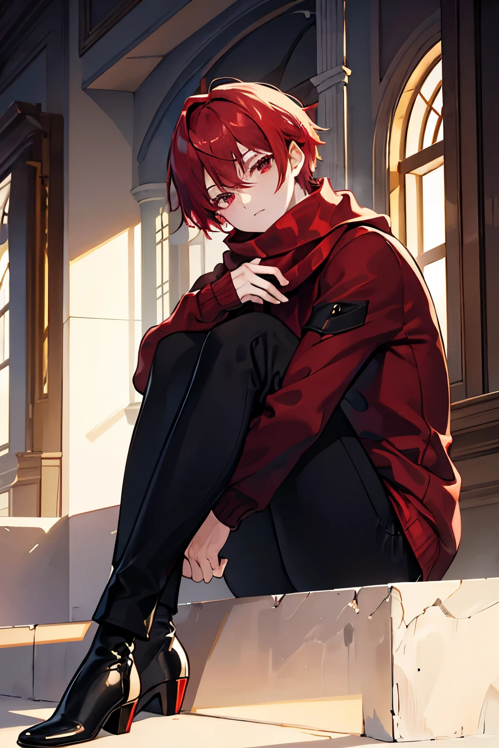 male　red short hair　red eyes　Scarf　sweater　slacks　Cuddle your cat　sky at dawn　Inside the building　handsome man　Knee-high boots　masterpiece　Highest image quality　noise removal　clear parts 　cinematic shadow　Increased attractiveness of the eyes　clear parts the shine of the eyes　Draw eyelashes neatly　perfect eyes　detailed eyes　Sharpen image quality　Sharpen eye writing　clear parts eye shape